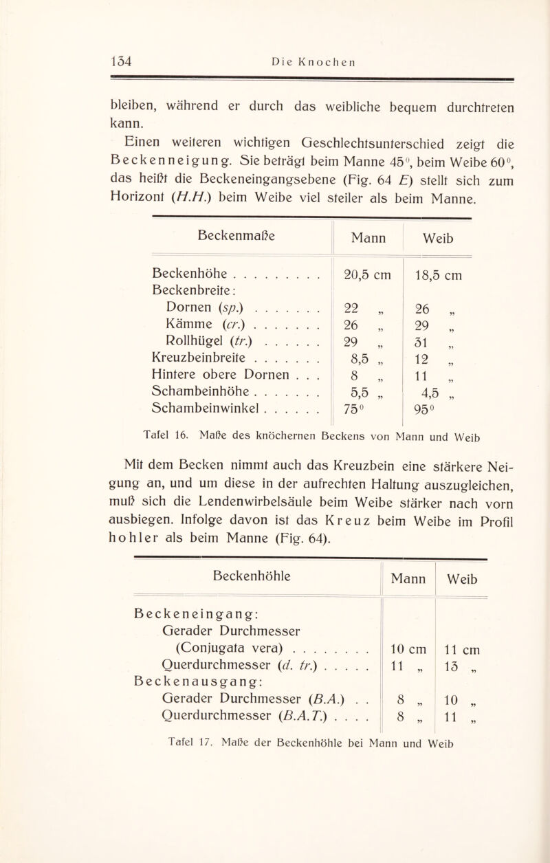 bleiben, während er durch das weibliche bequem durchtreten kann. Einen weiteren wichtigen Geschlechtsunterschied zeigt die Beckenneigung. Sie beträgt beim Manne 45°, beim Weibe 60°, das heißt die Beckeneingangsebene (Fig. 64 E) stellt sich zum Horizont (H.H.) beim Weibe viel steiler als beim Manne. Beckenmaße Mann Weib Beckenhöhe . 20,5 cm 18,5 cm Beckenbreite: Dornen (sp.). 22 „ 26 „ Kämme (er.). 26 „ 29 „ Rollhügel (tr.). 29 „ 51 „ Kreuzbeinbreite. 8,5 „ 12 „ Hintere obere Dornen . . . 8 „ 11 „ Schambeinhöhe. 5,5 „ 4,5 „ Schambeinwinkel. 75° 95° Tafel 16. Maße des knöchernen Beckens von Mann und Weib Mit dem Becken nimmt auch das Kreuzbein eine stärkere Nei¬ gung an, und um diese in der aufrechten Haltung auszugleichen, muß sich die Lendenwirbelsäule beim Weibe stärker nach vorn ausbiegen. Infolge davon ist das Kreuz beim Weibe im Profil hohler als beim Manne (Fig. 64). Beckenhöhle Mann Weib Beckeneingang: Gerader Durchmesser (Conjugata vera). 10 cm 11 cm Querdurchmesser (d. tr.). ii „ 15 „ Beckenausgang: Gerader Durchmesser (ß.A.) . . 8 „ 10 „ Querdurchmesser (B.A.T) .... 8 „ 11 „ Tafel 17. Maße der Beckenhöhle bei Mann und Weib