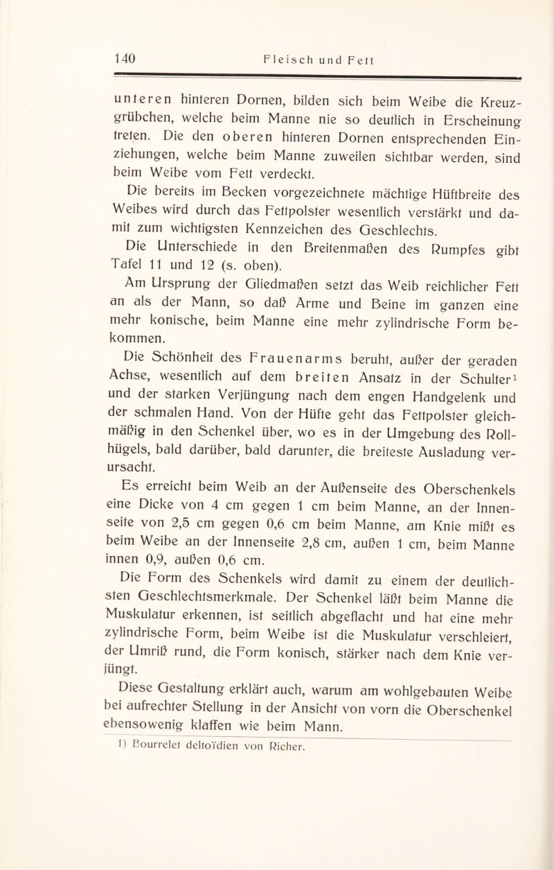 unteren hinteren Dornen, bilden sich beim Weibe die Kreuz¬ grübchen, welche beim Manne nie so deutlich in Erscheinung treten. Die den oberen hinteren Dornen entsprechenden Ein¬ ziehungen, welche beim Manne zuweilen sichtbar werden, sind beim Weibe vom Fett verdeckt. Die bereits im Becken vorgezeichnete mächtige Hüftbreite des Weibes wird durch das Fettpolster wesentlich verstärkt und da¬ mit zum wichtigsten Kennzeichen des Geschlechts. Die Unterschiede in den Breitenmaßen des Rumpfes gibt Tafel 11 und 12 (s. oben). Am Ursprung der Gliedmaßen setzt das Weib reichlicher Fett an als der Mann, so daß Arme und Beine im ganzen eine mehr konische, beim Manne eine mehr zylindrische Form be¬ kommen. Die Schönheit des Frauenarms beruht, außer der geraden Achse, wesentlich auf dem breiten Ansatz in der Schulter1 und der starken Verjüngung nach dem engen Handgelenk und der schmalen Hand. Von der Hüfte geht das Fettpolster gleich¬ mäßig in den Schenkel über, wo es in der Umgebung des Roll¬ hügels, bald darüber, bald darunter, die breiteste Ausladung ver¬ ursacht. Es erreicht beim Weib an der Außenseite des Oberschenkels eine Dicke von 4 cm gegen 1 cm beim Manne, an der Innen¬ seite von 2,5 cm gegen 0,6 cm beim Manne, am Knie mißt es beim Weibe an der Innenseite 2,8 cm, außen 1 cm, beim Manne innen 0,9, außen 0,6 cm. Die Form des Schenkels wird damit zu einem der deutlich¬ sten Geschlechtsmerkmale. Der Schenkel läßt beim Manne die Muskulatur erkennen, ist seitlich abgeflacht und hat eine mehr zylindrische Form, beim Weibe ist die Muskulatur verschleiert, der Umriß rund, die Form konisch, stärker nach dem Knie ver¬ jüngt. Diese Gestaltung erklärt auch, warum am wohlgebauten Weibe bei aufrechter Stellung in der Ansicht von vorn die Oberschenkel ebensowenig klaffen wie beim Mann. 1) Bourrelet delloVdien von Richer.