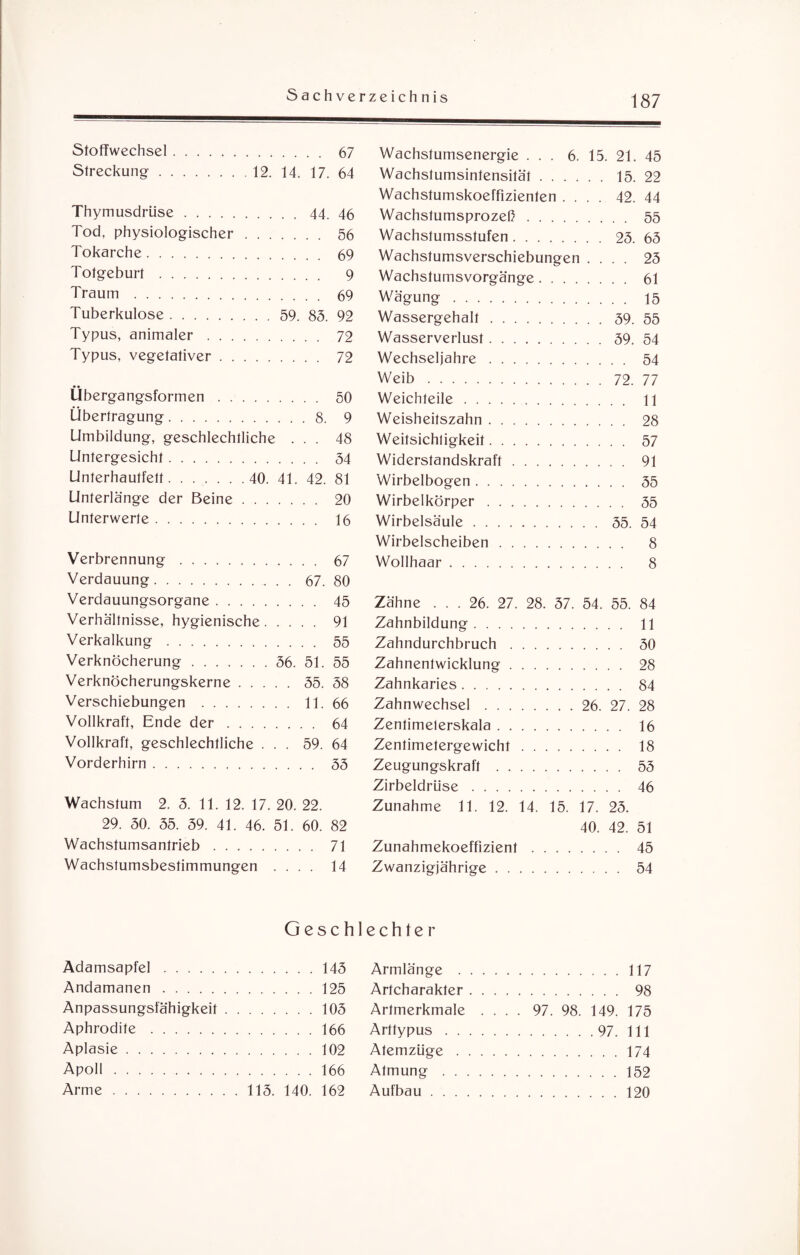 Stoffwechsel. 67 Streckung.12. 14. 17. 64 Thymusdrüse.44. 46 Tod, physiologischer. 56 Tokarche. 69 Totgeburt. 9 Traum. 69 Tuberkulose. 59. 83. 92 Typus, animaler. 72 Typus, vegetativer. 72 Übergangsformen. 50 Übertragung.8. 9 Umbildung, geschlechtliche ... 48 Untergesicht. 34 Unterhautfett. 40. 41. 42. 81 Unterlänge der Beine. 20 Unterwerte. 16 Verbrennung. . 67 Verdauung.67. 80 Verdauungsorgane. 45 Verhältnisse, hygienische. 91 Verkalkung. 55 Verknöcherung.36. 51. 55 Verknöcherungskerne.35. 38 Verschiebungen . 11. 66 Vollkraft, Ende der. 64 Vollkraft, geschlechtliche ... 59. 64 Vorderhirn. 53 Wachstum 2. 3. 11. 12. 17. 20. 22. 29. 30. 35. 39. 41. 46. 51. 60. 82 Wachstumsantrieb. 71 Wachstumsbestimmungen .... 14 Wachstumsenergie ... 6. 15. 21. 45 Wachstumsintensität.15. 22 Wachstumskoeffizienten .... 42. 44 Wachstumsprozeß. 55 Wachstumsstufen.25. 63 Wachstumsverschiebungen .... 23 Wachstumsvorgänge. 61 Wägung. 15 Wassergehalt.59. 55 Wasserverlust.59. 54 Wechseljahre. 54 Weib.72. 77 Weichteile. \\ Weisheitszahn. 28 Weitsichtigkeit. 57 Widerstandskraft. 91 Wirbelbogen. 55 Wirbelkörper. 35 Wirbelsäule.35. 54 Wirbelscheiben. 8 Wollhaar. 8 Zähne ... 26. 27. 28. 37. 54. 55. 84 Zahnbildung. 11 Zahndurchbruch. 30 Zahnentwicklung. 28 Zahnkaries. 84 Zahnwechsel. 26. 27. 28 Zen timelerskala. 16 Zenlimetergewicht. 18 Zeugungskraft . 55 Zirbeldrüse. 46 Zunahme 11. 12. 14. 15. 17. 25. 40. 42. 51 Zunahmekoeffizient. 45 Zwanzigjährige. 54 Geschlechter Adamsapfel. .143 Armlänge . . . . .117 Andamanen. .125 Artcharakter . . . . 98 Anpassungsfähigkeit . .103 Artmerkmale . . . . 97. 98. 149. 175 Aphrodite. .166 Arttypus. .97. 111 Aplasie. .102 Atemzüge . . . . .174 Apoll. .166 Atmung. .152 Arme. . 113. 140. 162 Aufbau. .120