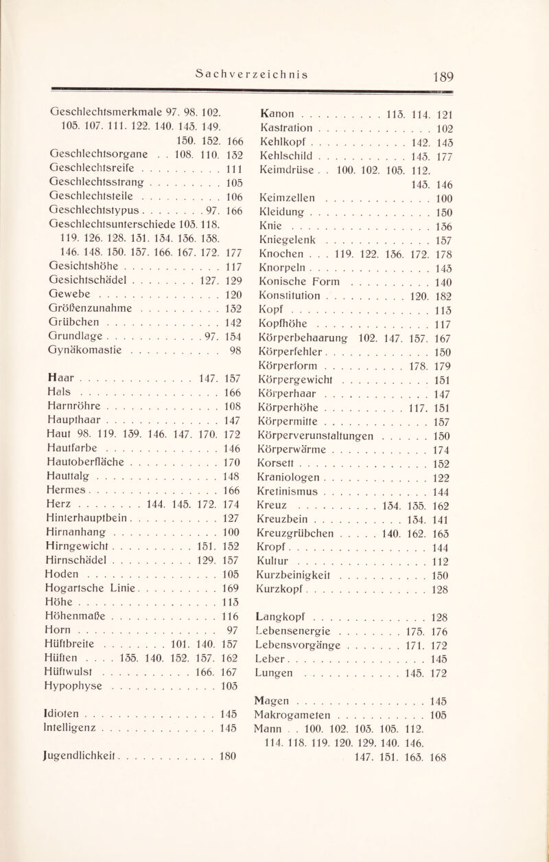 Geschlechtsmerkmale 97. 98. 102. 105. 107. 111. 122. 140. 145. 149. 150. 152. 166 Geschlechtsorgane . . 108. 110. 152 Geschlechtsreife.111 Geschlechtsstrang.105 Geschlechtsteile.106 Geschlechtstypus.97. 166 Geschlechtsunterschiede 105.118. 119. 126. 128. 151. 154. 156. 158. 146. 148. 150. 157. 166. 167. 172. 177 Gesichtshöhe.117 Gesichlschädel.127. 129 Gewebe.120 Größenzunahme.152 Grübchen.142 Grundlage.97. 154 Gynäkomastie. 98 Haar.147. 157 Hals.166 Harnröhre.108 Haupthaar.147 Haut 98. 119. 159. 146. 147. 170. 172 Hautfarbe.146 Hautoberfläche.170 Hauttalg.148 Hermes.166 Herz. 144. 145. 172. 174 Hinterhauptbein.127 Hirnanhang.100 Hirngewicht.151. 152 Hirnschädel.129. 157 Hoden.105 Hogarlsche Linie.169 Höhe.115 Höhenmaße.116 Horn. 97 Hüftbreite.101. 140. 157 Hüften .... 155. 140. 152. 157. 162 Hüftwulst .166. 167 Hypophyse.105 Idioten.145 Intelligenz.145 Kanon.115. 114. 121 Kastration.102 Kehlkopf.142. 145 Kehlschild.145. 177 Keimdrüse . . 100. 102. 105. 112. 145. 146 Keimzellen .100 Kleidung.150 Knie.156 Kniegelenk.157 Knochen . . . 119. 122. 156. 172. 178 Knorpeln.145 Konische Form .140 Konslitution.120. 182 Kopf.115 Kopfhöhe.117 Körperbehaarung 102. 147. 157. 167 Körperfehler.150 Körperform.178. 179 Körpergewicht.151 Körperhaar.147 Körperhöhe.117. 151 Körpermitte ..157 Körperverunstaltungen.150 Körperwärme.174 Korsett.152 Kraniologen.122 Kretinismus.144 Kreuz . 154. 155. 162 Kreuzbein.154. 141 Kreuzgrübchen. 140. 162. 165 Kropf.144 Kultur ..112 Kurzbeinigkeit.150 Kurzkopf.128 Langkopf.128 Lebensenergie.175. 176 Lebensvorgänge.171. 172 Leber.145 Lungen .145. 172 Magen.145 Makrogameten.105 Mann . . 100. 102. 105. 105. 112. 114. 118. 119. 120. 129. 140. 146. 147. 151. 165. 168 Jugendlichkeit 180