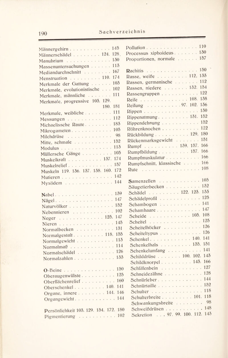 Männergehirn.145 Männerschädel. 124. 128. Manubrium.150 Massenuntersuchungen.113 Mediandurchschnitt.167 Menstruation.HO. 174 Merkmale der Gattung.105 Merkmale, evolutionistische ... 102 Merkmale, männliche.1H Merkmale, progressive 105. 129. 180. 181 Merkmale, weibliche.Hl Messungen.H2 Michaelissche Raute.185 Mikrogameten.105 Milchdrüse. 08 Mitte, schmale.152 Modulus.H5 Müllersche Gänge.105 Muskelkraft.137. 174 Muskelrelief.157 Muskeln 119. 156. 157. 158. 160. 172 Mutieren.142 Myxödem.144 Nabel.139 Nägel.147 Naturvölker.152 Nebennieren .102 Neger.125. 147 Nieren.145 Normalbecken.131 Normalgeslalt.H8. 155 Normalgewicht.H5 Normalmaß.H4 Normalschädel.126 Normalzahlen.135 O-Beine.150 Oberaugenwülste.125 Oberflächenrelief.160 Oberschenkel.140. 141 Organe, innere.144. 146 Organgewicht.144 Persönlichkeit 105. 129. 154. 172. 180 Pigmentierung.102 Pollution.HO Processus xiphoideus.130 Proportionen, normale.157 Rachitis.150 Rasse, weiße.H2, 155 Rassen, germanische.H2 Rassen, niedere.152. 154 Rassengruppen.122 Reife.108. 158 Reifung . 97. 102. 156 Rippen.130 Rippenatmung.131. 152 Rippendehnung . 152 Röhrenknochen . 122 Rückbildung.129. 180 Rückenmarksgewicht.151 Rumpf. 139. 157. 166 Rumpfbildung.157. 166 Rumpfmuskulatur.166 Rumpfschnitt, klassische.166 Rute .108 Samenzellen.105 Säugetierbecken.132 Schädel. 122. 125. 155 Schädelprofil.125 Schambogen.141 Schamhaare.147 Scheide.105. 108 Scheitel.125 Scheilelhöcker.126 Scheiteltypus.126 Schenkel.140. 141 Schenkelhals.135. 151 Schenkelumfang.141 Schilddrüse. 100. 102. 145 Schildknorpel.143. 166 Schläfenbein.127 Schneidezähne.128 Schnürleber.144 Schnürtaille.152 Schulter.H8 Schulterbreite.101. 118 Schwankungsbreite. 98 Schweißdrüsen.148 Sekretion ... 97. 99. 100. 112. 145