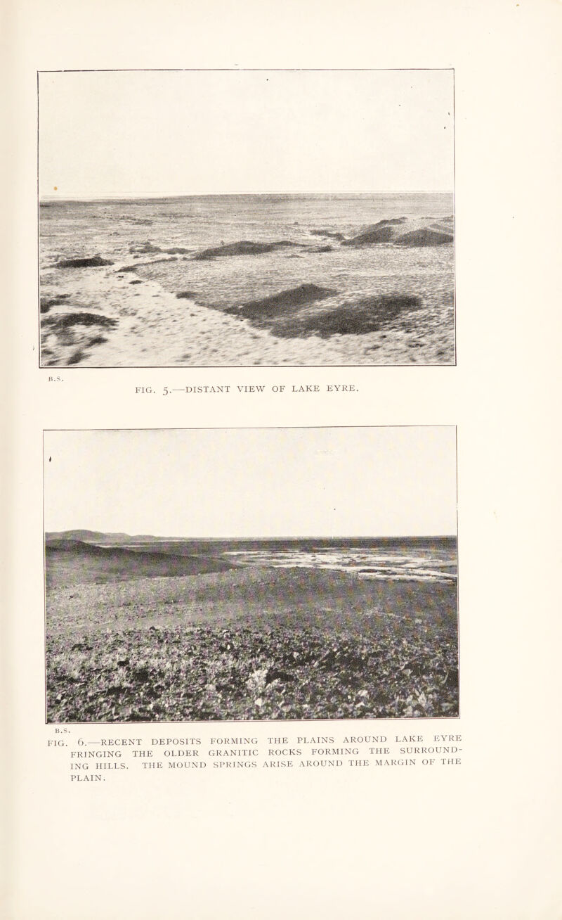 FIG. 6.-RECENT DEPOSITS FORMING THE PLAINS AROUND LAKE EYRE FRINGING THE OLDER GRANITIC ROCKS FORMING THE SURROUND¬ ING HILLS. THE MOUND SPRINGS ARISE AROUND THE MARGIN OF THE PLAIN.