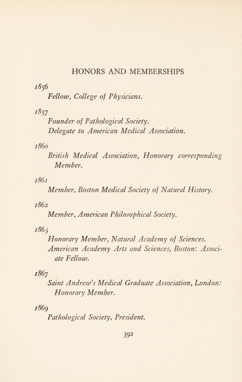 HONORS AND MEMBERSHIPS 1856 Fellow, College of Physicians. 1857 Founder of Pathological Society. Delegate to American Medical Association. 1860 British Medical Association, Honorary corresponding Member. 1861 Member, Boston Medical Society of Natural History. 1862 Member, American Philosophical Society. 1863 Honorary Member, Natural Academy of Sciences. American Academy Arts and Sciences, Boston: Associ¬ ate Fellow. i86y Saint Andrew s Medical Graduate Association, London: Honorary Member. 1869 Pathological Society, President.