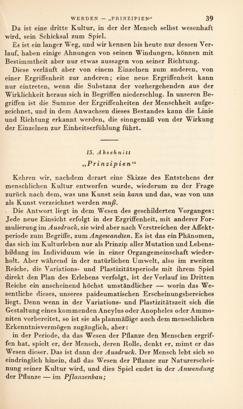 Da ist eine dritte Kultur, in der der Mensch selbst wesenhaft wird, sein Schicksal zum Spiel. Es ist ein langer Weg, und wir kennen bis heute nur dessen Ver¬ lauf, haben einige Ahnungen von seinen Windungen, können mit Bestimmtheit aber nur etwas aussagen von seiner Richtung. Diese verläuft aber von einem Einzelnen zum anderen, von einer Ergriffenheit zur anderen; eine neue Ergriffenheit kann nur eintreten, wenn die Substanz der vorhergehenden aus der Wirklichkeit heraus sich in Begriffen niederschlug. In unseren Be¬ griffen ist die Summe der Ergriffenheiten der Menschheit aufge¬ zeichnet, und in dem Anwachsen dieses Bestandes kann die Linie und Richtung erkannt werden, die sinngemäß von der Wirkung der Einzelnen zur Einheitserfühlung führt. 15. Abs chnitt „Prinzipien44 Kehren wir, nachdem derart eine Skizze des Entstehens der menschlichen Kultur entworfen wurde, wiederum zu der Frage zurück nach dem, was uns Kunst sein kann und das, was von uns als Kunst verzeichnet werden muß. • Die Antwort liegt in dem Wesen des geschilderten Vorganges: Jede neue Einsicht erfolgt in der Ergriffenheit, mit anderer For¬ mulierung im Ausdruck, sie wird aber nach Verstreichen der Affekt¬ periode zum Begriffe, zum Angewandten. Es ist das ein Phänomen, das sich im Kulturleben nur als Prinzip aller Mutation und Lebens¬ bildung im Individuum wie in einer Organgemeinschaft wieder¬ holt. Aber während in der natürlichen Umwelt, also im zweiten Reiche, die Variations- und Plastizitätsperiode mit ihrem Spiel direkt den Plan des Erlebens verfolgt, ist der Verlauf im Dritten Reiche ein anscheinend höchst umständlicher — worin das We¬ sentliche dieses, unseres paideumatischen Erscheinungsbereiches liegt. Denn wenn in der Variations- und Plastizitätszeit sich die Gestaltung eines kommenden Ancylus oder Anopheles oder Ammo¬ niten vorbereitet, so ist sie als planmäßige auch dem menschlichen Erkenntnisvermögen zugänglich, aber: in der Periode, da das Wesen der Pflanze den Menschen ergrif¬ fen hat, spielt er, der Mensch, deren Rolle, denkt er, mimt er das Wesen dieser. Das ist dann der Ausdruck. Der Mensch lebt sich so eindringlich hinein, daß das Wesen der Pflanze zur Naturerschei¬ nung seiner Kultur wird, und dies Spiel endet in der Anwendung der Pflanze — im Pflanzenbau;