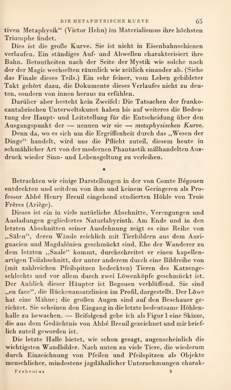 tiven Metaphysik44 (Victor Hehn) im Materialismus ihre höchsten Triumphe findet. Dies ist die große Kurve. Sie ist nicht in Eisenbahnschienen verlaufen. Ein ständiges Auf- und Ab wellen charakterisiert ihre Bahn. Betontheiten nach der Seite der Mystik wie solche nach der der Magie wechselten räumlich wie zeitlich einander ab. (Siehe das Finale dieses Teils.) Ein sehr feiner, vom Leben gebildeter Takt gehört dazu, die Dokumente dieses Verlaufes nicht zu deu¬ ten, sondern von innen heraus zu erfühlen. Darüber aber besteht kein Zweifel: Die Tatsachen der franko- cantabrischen Unterweltskunst haben bis auf weiteres die Bedeu¬ tung der Haupt- und Leitstellung für die Entscheidung über den Ausgangspunkt der — nennen wir sie — metaphysischen Kurve. Denn da, wo es sich um die Ergriffenheit durch das „Wesen der Dinge44 handelt, wird uns die Pflicht zuteil, diesem heute in schmählicher Art von der modernen Phantastik mißhandelten Aus¬ druck wieder Sinn- und Lebensgeltung zu verleihen. * Betrachten wir einige Darstellungen in der von Comte Begouen entdeckten und seitdem von ihm und keinem Geringeren als Pro¬ fessor Abbe Henry Breuil eingehend studierten Höhle von Trois Freres (Ariege). Dieses ist ein in viele natürliche Abschnitte, Verengungen und Ausladungen gegliedertes Naturlabyrinth. Am Ende und in den letzten Abschnitten seiner Ausdehnung zeigt es eine Reihe von „Sälen44, deren Wände reichlich mit Tierbildern aus dem Auri- gnacien und Magdalenien geschmückt sind. Ehe der Wanderer zu dem letzten „Saale44 kommt, durchschreitet er einen kapellen- artigen Teilabschnitt, der unter anderem durch eine Bildreihe von (mit zahlreichen Pfeilspitzen bedeckten) Tieren des Katzenge¬ schlechts und vor allem durch zwei Löwenköpfe geschmückt ist. Der Anblick dieser Häupter ist Begouen verblüffend. Sie sind „en face44, die Rückenansatzlinien im Profil, dargestellt. Der Löwe hat eine Mähne; die großen Augen sind auf den Beschauer ge¬ richtet. Sie scheinen den Eingang in die letzte bedeutsame Höhlen¬ halle zu bewachen. — Beifolgend gebe ich als Figur 1 eine Skizze, die aus dem Gedächtnis von Abbe Breuil gezeichnet und mir brief¬ lich zuteil geworden ist. Die letzte Halle bietet, wie schon gesagt, augenscheinlich die wichtigsten Wandbilder. Nach unten zu viele Tiere, die wiederum durch Einzeichnung von Pfeilen und Pfeilspitzen als Objekte menschlicher, mindestens jagdähnlicher Unternehmungen charak- Frobeni us 5