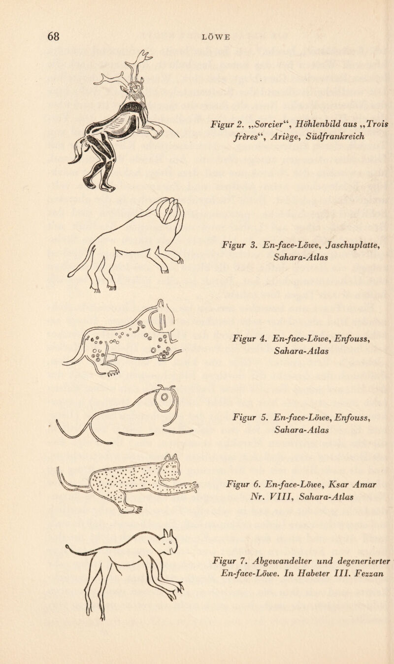 Figur 2. „Sorcier“, Höhlenbild aus „Trois freres“, Ariege, Südfrankreich Figur 3. En-face-Löwe, Jaschuplatte, Sahara-Atlas Figur 4. En-face-Löwe, Enfouss, Sahara-Atlas Figur 5. En-face-Löwe, Enfouss, Sahara-Atlas Figur 6. En-face-Löwe, JCsar Amar Nr. VIII, Sahara-Atlas Figur 7. Abgewandelter und degenerierter En-face-Löwe. In Habeter III. Fezzan