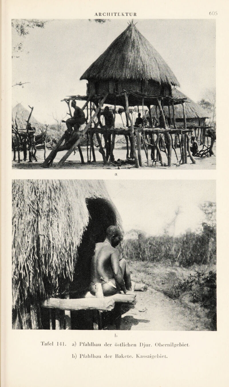 a Tafel 141. a) Pfahlbau der L) PJahlbau der östlichen Pjur. Obernilgebiet. Pakete. K a ssa i geh i e t.