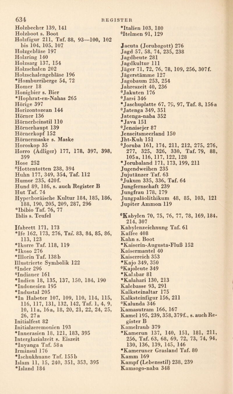Holzbecher 139, 141 Holzboot s. Boot Holzfigur 211, Taf. 88, 93—100, 102 bis 104, 105, 107 Holzgebläse 197 Holzring 140 Holzsarg 137, 154 Holzschalen 202 Holzschalengebläse 196 »Homburriberge 54, 72 Homer 18 Honigbier s. Bier »Hophrat-en-Nahas 265 Hörige 397 Horizontozean 144 Hörner 136 Hörnerbeinstil 110 Hörnerhaupt 139 Hörnerkopf 152 Hörnermaske s. Maske Horoskop 35 Horro (Adliger) 177, 178, 397, 398, 399 Hose 252 °Hottentotten 238, 394 Huhn 177, 349, 354, Taf. 112 Humor 235, 420f. Hund 89, 186, s. auch Register B Hut Taf. 74 Hyperboräische Kultur 184, 185, 186, 188, 190, 205, 209, 287, 296 »Ibibio Taf. 76, 77 Iblis s. Teufel Ifabrett 171, 173 »Ife 162, 173, 276, Taf. 83, 84, 85, 86, 113, 123 »Ikorre Taf. 118, 119 *Ikoso 276 »Illorin Taf. 138b Illustrierte Symbolik 122 °Inder 296 °Indianer 161 »Indien 18, 135, 137, 150, 184, 190 »Indonesien 195 »Industal 205 »In Habeter 107, 109, 110, 114, 115, 116, 117, 131, 132, 142, Taf. 1, 4, 9, 10, 11a, 16a, 18, 20, 21, 22, 24, 25, 26, 27a Initialfest 82 Initialzeremonien 193 »Innerasien 18, 121, 183, 395 Interglazialzeit s. Eiszeit »Inyanga Taf. 58 a Irminsul 176 »Ischukhuane Taf. 155 b Islam 11, 15, 240, 351, 353, 395 »Island 184 »Italien 103, 180 °Itelmen 91, 129 Jacuta (Jorubagott) 276 Jagd 57, 58, 74, 235, 238 Jagdbeute 281 Jagdkultur 111 Jäger 71, 72, 76, 78, 109, 256, 307f. Jägerstämme 127 Jagobaum 253, 254 Jahreszeit 40, 236 0 Jakuten 176 °Jarsi 346 »Jaschuplatte 67, 79, 97, Taf. 8, 156 a °Jatenga 349, 351 Jatenga-naba 352 »Java 151 °Jennisejer 87 Jenseitsmeerland 150 Jht-Kuh 151 °Joruba 161, 174, 211, 212, 275, 276, 277, 325, 326, 330, Taf. 79, 88, 105a, 116, 117, 122, 128 »Jorubaland 171, 173, 199, 211 Jugendweihen 235 Jujutänzer Taf. 63 °Jukum 335, 336, Taf. 64 Jungfernschaft 239 Jungfrau 178, 179 Jungpaläolithikum 48, 85, 103, 121 Jupiter Ammon 119 °Kabylen 70, 75, 76, 77, 78, 169, 184, 214, 307 Kabylenzeichnung Taf. 61 Kaffee 408 Kahn s. Boot »Kaiserin-Augusta-Fluß 152 Kaisermantel 40 Kaiserreich 353 »Kajo 349, 350 °Kajoleute 349 »Kalabar 81 »Kalahari 130, 213 Kalebasse 93, 291 Kalksteinaltar 175 Kalksteinfigur 156, 211 °Kalunda 346 Kamasutram 166, 167 Kamel 195, 239, 358, 379f., s. auch Re¬ gister B Kamelraub 379 »Kamerun 137, 140, 151, 181, 211, 256, Taf. 63, 68, 69, 72, 73, 74, 94, 130, 136, 139, 145, 146 »Kameruner Grasland Taf. 80 Kamm 169 Kampf (Lebensstil) 238, 239 Kamsogo-naba 348