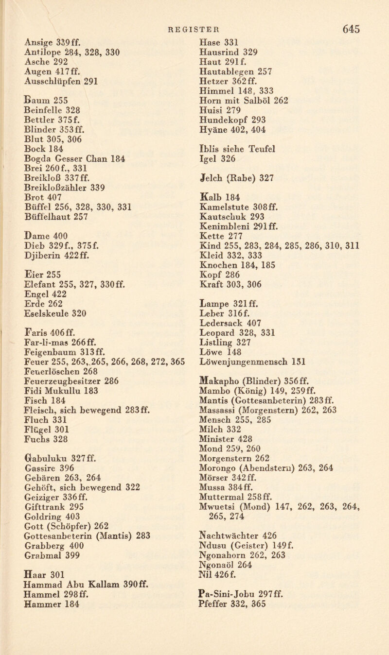 Ansige 339 ff. Antilope 284, 328, 330 Asche 292 Augen 417 ff. Ausschlüpfen 291 Baum 255 Beinfelle 328 Bettler 375f. Blinder 353 ff. Blut 305, 306 Bock 184 Bogda Gesser Chan 184 Brei 260 f., 331 Breikloß 337 ff. Breikloßzähler 339 Brot 407 Büffel 256, 328, 330, 331 Büffelhaut 257 Dame 400 Dieb 329f., 375f. Djiberin 422 ff. Eier 255 Elefant 255, 327, 330ff. Engel 422 Erde 262 Eselskeule 320 Faris 406 ff. Far-lbmas 266 ff. Feigenbaum 313 ff. Feuer 255, 263, 265, 266, 268, 272, 365 Feuerlöschen 268 Feuerzeugbesitzer 286 Fidi Mukullu 183 Fisch 184 Fleisch, sich bewegend 283 ff. Fluch 331 Flügel 301 Fuchs 328 Gabuluku 327 ff. Gassire 396 Gebären 263, 264 Gehöft, sich bewegend 322 Geiziger 336 ff. Gifttrank 295 Goldring 403 Gott (Schöpfer) 262 Gottesanbeterin (Mantis) 283 Grabberg 400 Grabmal 399 Haar 301 Hammad Abu Kallam 390ff. Hammel 298 ff. Hammer 184 Hase 331 Hausrind 329 Haut 291 f. Hautablegen 257 Hetzer 362 ff. Himmel 148, 333 Horn mit Salböl 262 Huisi 279 Hundekopf 293 Hyäne 402, 404 Iblis siehe Teufel Igel 326 Jelch (Rabe) 327 Kalb 184 Kamelstute 308 ff. Kautschuk 293 Kenimbleni 291 ff. Kette 277 Kind 255, 283, 284, 285, 286, 310, 311 Kleid 332, 333 Knochen 184, 185 Kopf 286 Kraft 303, 306 Lampe 321 ff. Leber 316 f. Ledersack 407 Leopard 328, 331 Listling 327 Löwe 148 Löwenjungenmensch 151 Makapho (Blinder) 356ff. Mambo (König) 149, 259ff. Mantis (Gottesanbeterin) 283ff. Massassi (Morgenstern) 262, 263 Mensch 255, 285 Milch 332 Minister 428 Mond 259, 260 Morgenstern 262 Morongo (Abendsteru) 263, 264 Mörser 342 ff. Mussa 384 ff. Muttermal 258ff. Mwuetsi (Mond) 147, 262, 263, 264, 265, 274 Nachtwächter 426 Ndusu (Geister) 149f. Ngonahorn 262, 263 Ngonaöl 264 Nil 426 f. Pa-Sini-Jobu 297ff. Pfeffer 332, 365