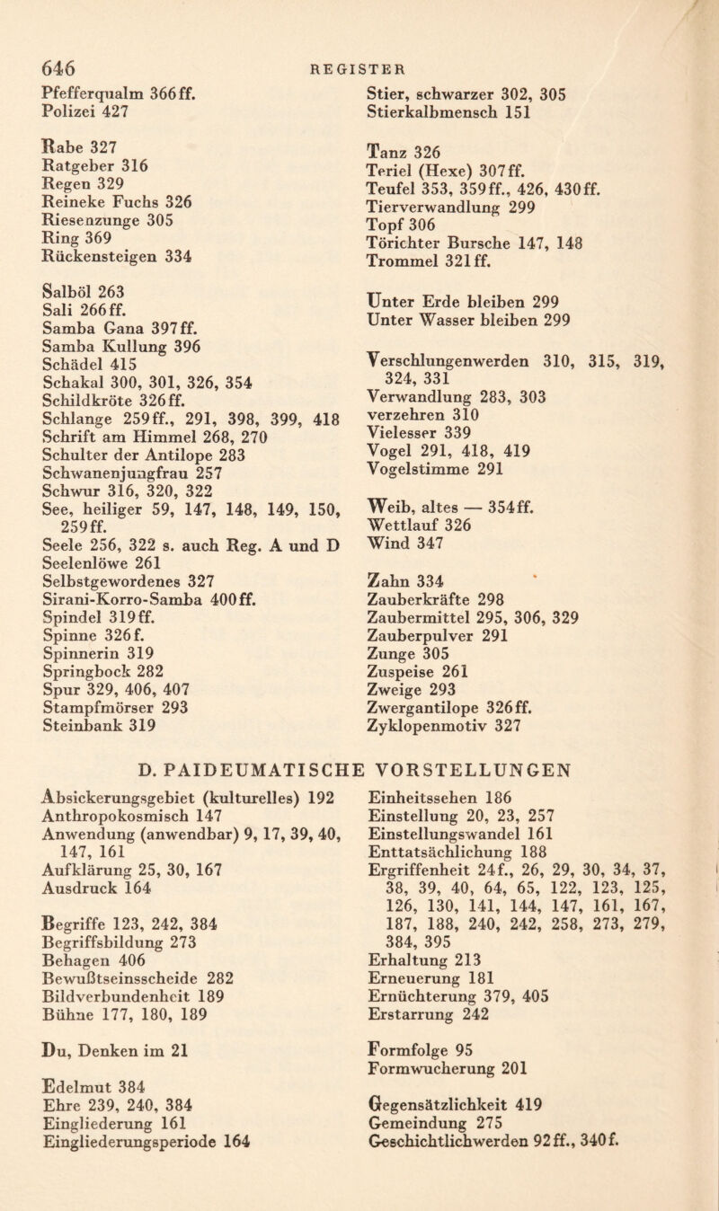 Pfefferqualm 366 ff. Polizei 427 Rabe 327 Ratgeber 316 Regen 329 Reineke Fuchs 326 Riesenzunge 305 Ring 369 Rückensteigen 334 Salböl 263 Sali 266 ff. Samba Gana 397 ff. Samba Kullung 396 Schädel 415 Schakal 300, 301, 326, 354 Schildkröte 326 ff. Schlange 259 ff., 291, 398, 399, 418 Schrift am Himmel 268, 270 Schulter der Antilope 283 Schwanenjungfrau 257 Schwur 316, 320, 322 See, heiliger 59, 147, 148, 149, 150, 259 ff. Seele 256, 322 s. auch Reg. A und D Seelenlöwe 261 Selbstgewordenes 327 Sirani-Korro-Samba 400 ff. Spindel 319 ff. Spinne 326 f. Spinnerin 319 Springbock 282 Spur 329, 406, 407 Stampfmörser 293 Steinbank 319 D. PAIDEUMATISCHE Absickerungsgebiet (kulturelles) 192 Anthropokosmisch 147 Anwendung (anwendbar) 9, 17, 39, 40, 147, 161 Aufklärung 25, 30, 167 Ausdruck 164 Begriffe 123, 242, 384 Begriffsbildung 273 Behagen 406 Bewußtseinsscheide 282 Bildverbundenheit 189 Bühne 177, 180, 189 Du, Denken im 21 Edelmut 384 Ehre 239, 240, 384 Eingliederung 161 Eingliederungsperiode 164 Stier, schwarzer 302, 305 Stierkalbmensch 151 Tanz 326 Teriel (Hexe) 307 ff. Teufel 353, 359ff., 426, 430 ff. Tierverwandlung 299 Topf 306 Törichter Bursche 147, 148 Trommel 321 ff. Unter Erde bleiben 299 Unter Wasser bleiben 299 Yerschlungenwerden 310, 315, 319, 324, 331 Verwandlung 283, 303 verzehren 310 Vielesser 339 Vogel 291, 418, 419 Vogelstimme 291 Weib, altes — 354ff. Wettlauf 326 Wind 347 Zahn 334 Zauberkräfte 298 Zaubermittel 295, 306, 329 Zauberpulver 291 Zunge 305 Zuspeise 261 Zweige 293 Zwergantilope 326 ff. Zyklopenmotiv 327 VORSTELLUNGEN Einheitssehen 186 Einstellung 20, 23, 257 Einstellungswandel 161 Enttatsächlichung 188 Ergriffenheit 24f., 26, 29, 30, 34, 37, 38, 39, 40, 64, 65, 122, 123, 125, 126, 130, 141, 144, 147, 161, 167, 187, 188, 240, 242, 258, 273, 279, 384, 395 Erhaltung 213 Erneuerung 181 Ernüchterung 379, 405 Erstarrung 242 Formfolge 95 Formwucherung 201 Gegensätzlichkeit 419 Gemeindung 275 Geschichtlichwerden 92ff., 340f.