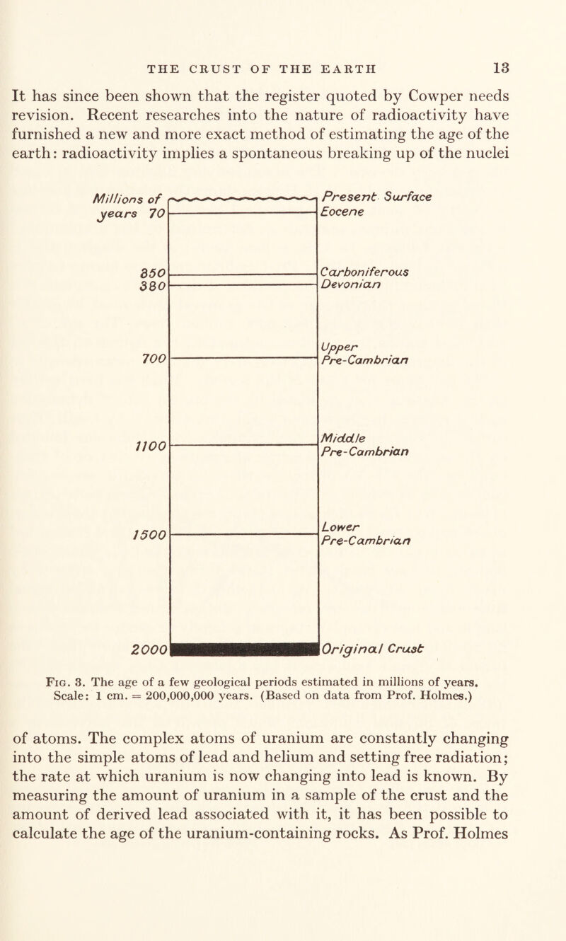 It has since been shown that the register quoted by Cowper needs revision. Recent researches into the nature of radioactivity have furnished a new and more exact method of estimating the age of the earth: radioactivity implies a spontaneous breaking up of the nuclei Fig. 3. The age of a few geological periods estimated in millions of years. Scale: 1 cm. = 200,000,000 years. (Based on data from Prof. Holmes.) of atoms. The complex atoms of uranium are constantly changing into the simple atoms of lead and helium and setting free radiation; the rate at which uranium is now changing into lead is known. By measuring the amount of uranium in a sample of the crust and the amount of derived lead associated with it, it has been possible to calculate the age of the uranium-containing rocks. As Prof. Holmes