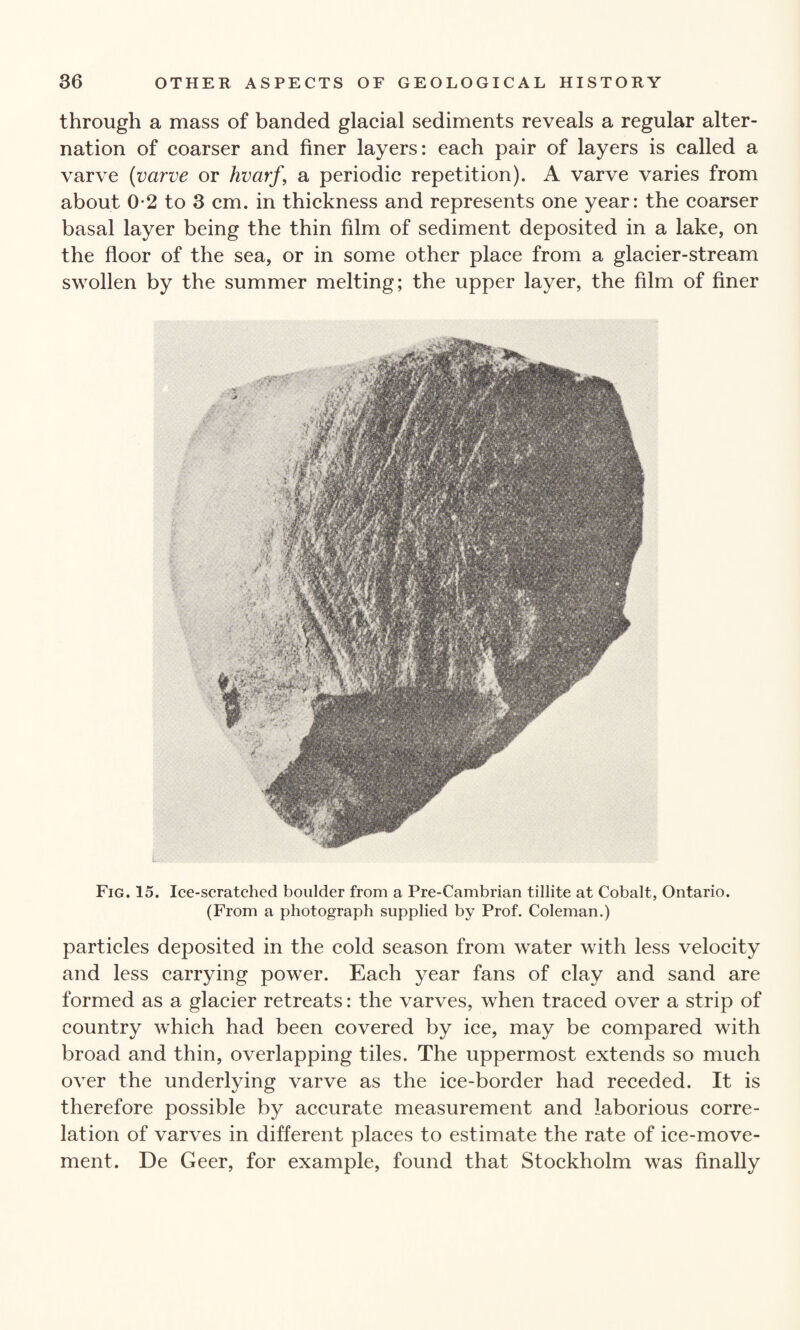 through a mass of banded glacial sediments reveals a regular alter¬ nation of coarser and finer layers: each pair of layers is called a varve (varve or hvarf, a periodic repetition). A varve varies from about 0-2 to 3 cm. in thickness and represents one year: the coarser basal layer being the thin film of sediment deposited in a lake, on the floor of the sea, or in some other place from a glacier-stream swollen by the summer melting; the upper layer, the film of finer Fig. 15. Ice-scratched boulder from a Pre-Cambrian tillite at Cobalt, Ontario. (From a photograph supplied by Prof. Coleman.) particles deposited in the cold season from water with less velocity and less carrying power. Each year fans of clay and sand are formed as a glacier retreats: the varves, when traced over a strip of country which had been covered by ice, may be compared with broad and thin, overlapping tiles. The uppermost extends so much over the underlying varve as the ice-border had receded. It is therefore possible by accurate measurement and laborious corre¬ lation of varves in different places to estimate the rate of ice-move¬ ment. De Geer, for example, found that Stockholm was finally