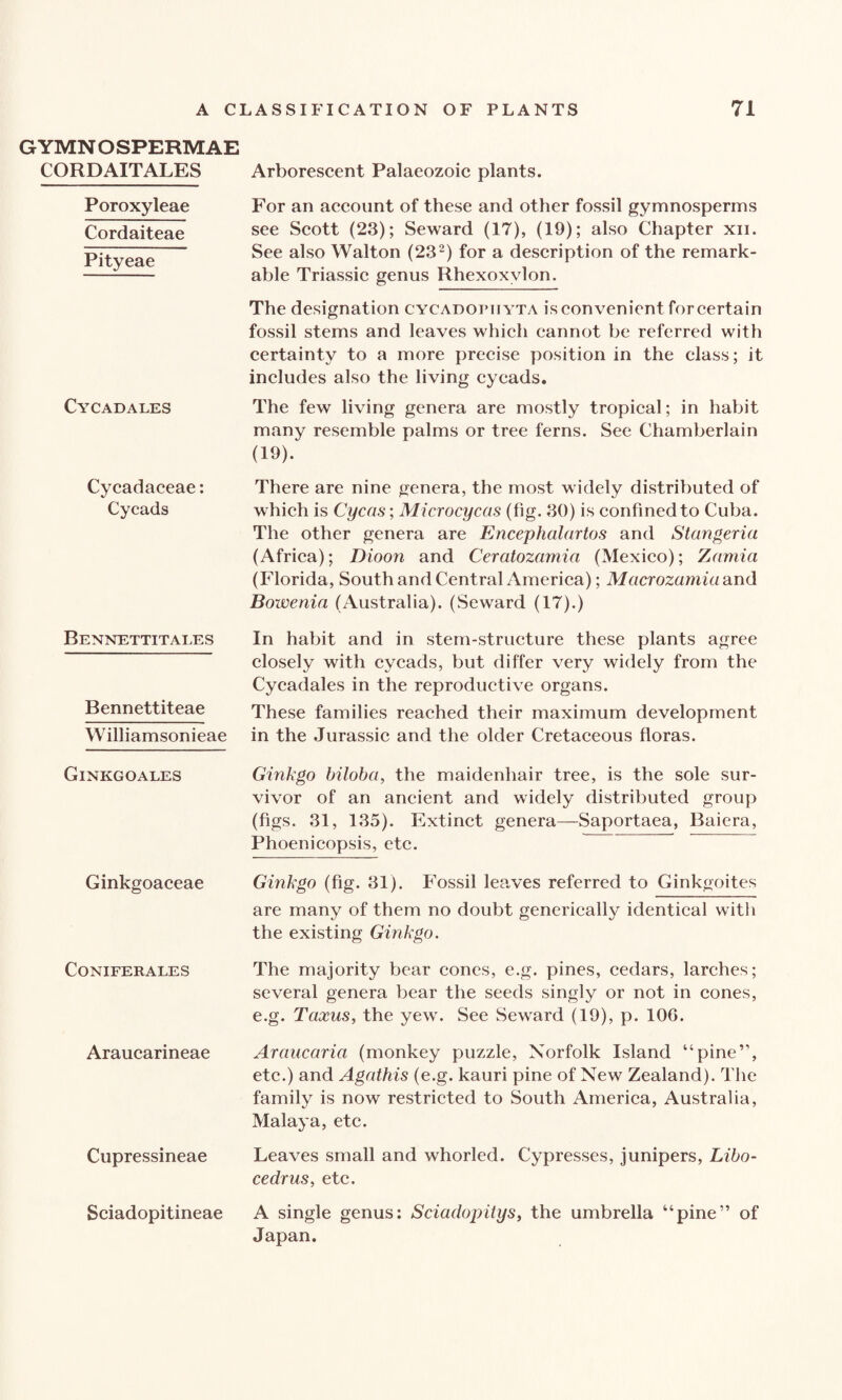 GYMN O SPERM AE CORDAITALES Poroxyleae Cordaiteae Pityeae Cycadales Cycadaceae: Cycads Bennettitales Bennettiteae Williamsonieae Ginkgoales Ginkgoaceae CONIFERALES Araucarineae Cupressineae Sciadopitineae Arborescent Palaeozoic plants. For an account of these and other fossil gymnosperms see Scott (23); Seward (17), (19); also Chapter xii. See also Walton (232) for a description of the remark¬ able Triassic genus Rhexoxvlon. The designation cycadopiiyta is convenient for certain fossil stems and leaves which cannot be referred with certainty to a more precise position in the class; it includes also the living cycads. The few living genera are mostly tropical; in habit many resemble palms or tree ferns. See Chamberlain (19). There are nine genera, the most widely distributed of which is Cycas; Microcycas (fig. 30) is confined to Cuba. The other genera are Encephalartos and Stangeria (Africa); Dioon and Ceratozamia (Mexico); Zarnia (Florida, South and Central America); Macrozamia and Bowenia (Australia). (Seward (17).) In habit and in stem-structure these plants agree closely with cycads, but differ very widely from the Cycadales in the reproductive organs. These families reached their maximum development in the Jurassic and the older Cretaceous floras. Ginkgo biloba, the maidenhair tree, is the sole sur¬ vivor of an ancient and widely distributed group (figs. 31, 135). Extinct genera—-Saportaea, Baiera, Phoenicopsis, etc. Ginkgo (fig. 31). Fossil leaves referred to Ginkgoites are many of them no doubt generically identical with the existing Ginkgo. The majority bear cones, e.g. pines, cedars, larches; several genera bear the seeds singly or not in cones, e.g. Taxus, the yew. See Seward (19), p. 10G. Araucaria (monkey puzzle, Norfolk Island “pine”, etc.) and Agathis (e.g. kauri pine of New Zealand). The family is now restricted to South America, Australia, Malaya, etc. Leaves small and whorled. Cypresses, junipers, Libo- cedrus, etc. A single genus: Sciadopitys, the umbrella “pine” of Japan.