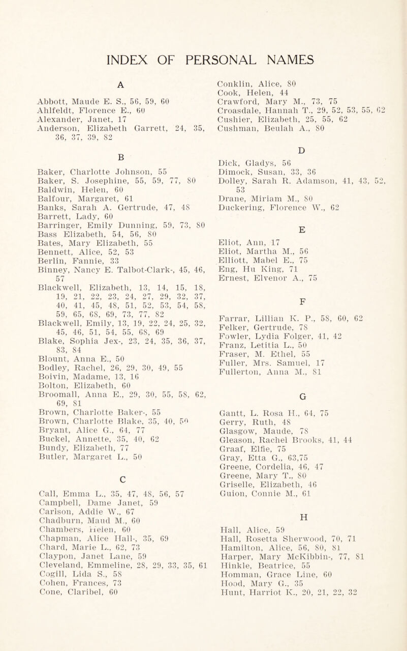 INDEX OF PERSONAL NAMES A Abbott, Maude E. S„ 56, 59, 60 Ahlfeldt, Florence E., 60 Alexander, Janet, 17 Anderson, Elizabeth Garrett, 24, 35, 36, 37, 39, 82 B Baker, Charlotte Johnson, 55 Baker, S. Josephine, 55, 59, 77, 80 Baldwin, Helen, 60 Balfour, Margaret, 61 Banks, Sarah A. Gertrude, 47, 48 Barrett, Lady, 60 Barringer, Emily Dunning, 59, 73, 80 Bass Elizabeth, 54, 56, 80 Bates, Mary Elizabeth, 55 Bennett, Alice, 52, 53 Berlin, Fannie, 33 Binney, Nancy E. Talbot-Clark-, 45, 46, 57 Blackwell, Elizabeth, 13, 14, 15, 18, 19, 21, 22, 23, 24, 27, 29, 32, 37, 40, 41, 45, 48, 51, 52, 53, 54, 58, 59, 65, 68, 69, 73, 77, 82 Blackwell, Emily, 13, 1 9, 22, 24, 25, 32, 45, 46, 51, 54, 55, 68, 69 Blake, Sophia Jex- , 23 , 24, 35, 36, 37, 83, 84 Blount, Anna E., 50 Bodley, Rachel, 26, 29, 30, 49, 55 Boivin, Madame, 13, 16 Bolton, Elizabeth, 60 Broomall, Anna E., 29, 30, 55, 58, 62, 69, 81 Brown, Charlotte Baker-, 55 Brown, Charlotte Blake, 35, 40, 50 Bryant, Alice G., 64, 77 Bucket, Annette, 35, 40, 62 Bundy, Elizabeth, 77 Butler, Margaret L., 50 C Call, Emma L., 35, 47, 48, 56, 57 Campbell, Dame Janet, 59 Carlson, Addie W., 67 Chadburn, Maud M., 60 Chambers, Helen, 60 Chapman, Alice Hall-, 35, 69 Chard, Marie L., 62, 73 Claypon, Janet Lane, 59 Cleveland, Emmeline, 28, 29, 33, 35, 61 Cogill, Lida S., 58 Cohen, Frances, 73 Conklin, Alice, 80 Cook, Helen, 44 Crawford, Mary M., 73, 75 Croasdale, Hannah T., 29, 52, 53, 55, 62 Cusliier, Elizabeth, 25, 55, 62 Cushman, Beulah A., 80 D Dick, Gladys, 56 Dimock, Susan, 33, 36 Dolley, Sarah R. Adamson, 41, 43, 52, 53 Drane, Miriam M., 80 Duckering, Florence W., 62 E Eliot, Ann, 17 Eliot, Martha M., 56 Elliott, Mabel E., 75 Eng, Hu King, 71 Ernest, Elvenor A., 75 F Farrar, Lillian K. P., 58, 60, 62 Felker, Gertrude, 78 Fowler, Lydia Folger, 41, 42 Franz, Letitia L., 50 Fraser, M. Ethel, 55 Fuller, Mrs. Samuel, 17 Fullerton, Anna M., 81 G Gantt, L. Rosa H., 64, 75 Gerry, Ruth, 48 Glasgow, Maude, 78 Gleason, Rachel Brooks, 41, 44 Graaf, Elfie, 75 Gray, Etta G., 63,75 Greene, Cordelia, 46, 47 Greene, Mary T., 80 Griselle, Elizabeth, 46 Guion, Connie M., 61 H Hall, Alice, 59 Hall, Rosetta Sherwood, 70, 71 Hamilton, Alice, 56, 80, 81 Harper, Mary McKibbin-, 77, 81 Hinkle, Beatrice, 55 Homman, Grace Line, 60 Hood, Mary G., 35