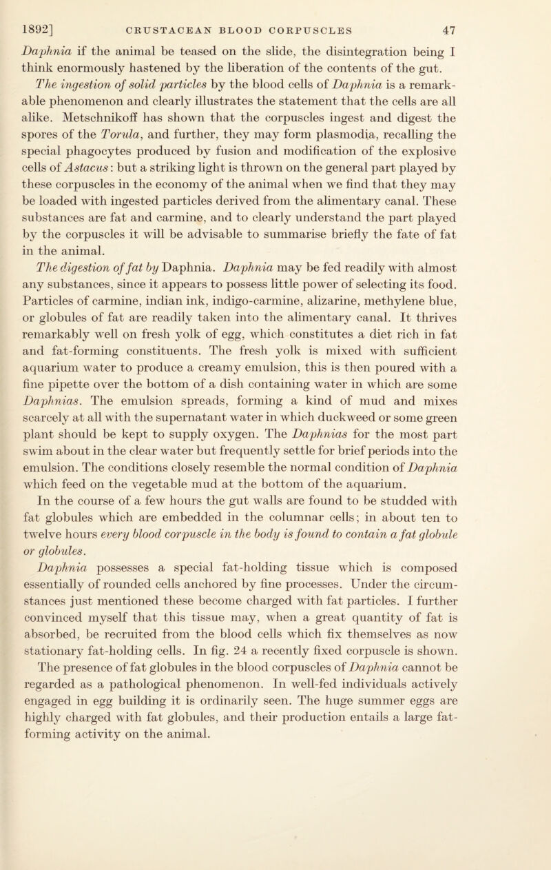 Daphnia if the animal be teased on the slide, the disintegration being I think enormously hastened by the liberation of the contents of the gut. The ingestion of solid particles by the blood cells of Daphnia is a remark¬ able phenomenon and clearly illustrates the statement that the cells are all alike. Metschnikoff has shown that the corpuscles ingest and digest the spores of the Torula, and further, they may form plasmodia, recalling the special phagocytes produced by fusion and modification of the explosive cells of Astacus: but a striking light is thrown on the general part played by these corpuscles in the economy of the animal when we find that they may be loaded with ingested particles derived from the alimentary canal. These substances are fat and carmine, and to clearly understand the part played by the corpuscles it will be advisable to summarise briefly the fate of fat in the animal. The digestion of fat by Daphnia. Daphnia may be fed readily with almost any substances, since it appears to possess little power of selecting its food. Particles of carmine, indian ink, indigo-carmine, alizarine, methylene blue, or globules of fat are readily taken into the alimentary canal. It thrives remarkably well on fresh yolk of egg, which constitutes a diet rich in fat and fat-forming constituents. The fresh yolk is mixed with sufficient aquarium water to produce a creamy emulsion, this is then poured with a fine pipette over the bottom of a dish containing water in which are some Daphnias. The emulsion spreads, forming a kind of mud and mixes scarcely at all with the supernatant water in which duckweed or some green plant should be kept to supply oxygen. The Daphnias for the most part swim about in the clear water but frequently settle for brief periods into the emulsion. The conditions closely resemble the normal condition of Daphnia which feed on the vegetable mud at the bottom of the aquarium. In the course of a few hours the gut walls are found to be studded with fat globules which are embedded in the columnar cells; in about ten to twelve hours every blood corpuscle in the body is found to contain a fat globule or globules. Daphnia possesses a special fat-holding tissue which is composed essentially of rounded cells anchored by fine processes. Under the circum¬ stances just mentioned these become charged with fat particles. I further convinced myself that this tissue may, when a great quantity of fat is absorbed, be recruited from the blood cells which fix themselves as now stationary fat-holding cells. In fig. 24 a recently fixed corpuscle is shown. The presence of fat globules in the blood corpuscles of Daphnia cannot be regarded as a pathological phenomenon. In well-fed individuals actively engaged in egg building it is ordinarily seen. The huge summer eggs are highly charged with fat globules, and their production entails a large fat¬ forming activity on the animal.