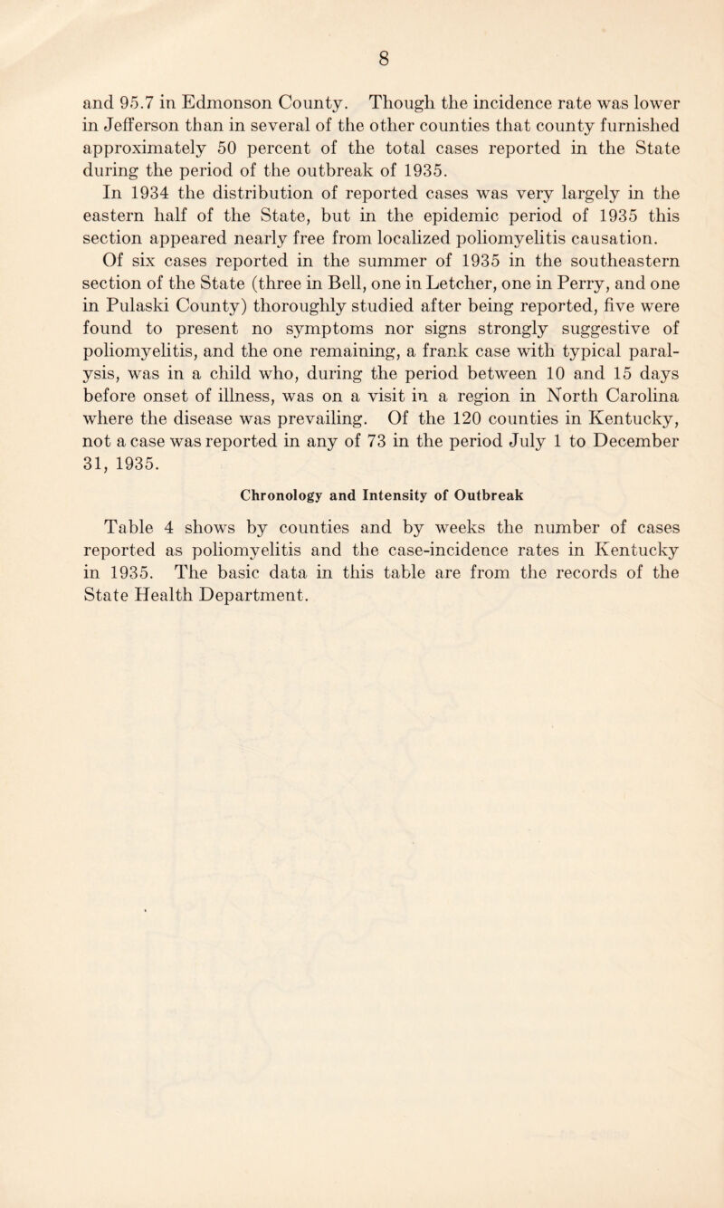 and 95.7 in Edmonson County. Though the incidence rate was lower in Jefferson than in several of the other counties that county furnished approximately 50 percent of the total cases reported in the State during the period of the outbreak of 1935. In 1934 the distribution of reported cases was very largely in the eastern half of the State, but in the epidemic period of 1935 this section appeared nearly free from localized poliomyelitis causation. Of six cases reported in the summer of 1935 in the southeastern section of the State (three in Bell, one in Letcher, one in Perry, and one in Pulaski County) thoroughly studied after being reported, five were found to present no symptoms nor signs strongly suggestive of poliomyelitis, and the one remaining, a frank case with typical paral¬ ysis, was in a child who, during the period between 10 and 15 days before onset of illness, was on a visit in a region in North Carolina where the disease was prevailing. Of the 120 counties in Kentucky, not a case was reported in any of 73 in the period July 1 to December 31, 1935. Chronology and Intensity of Outbreak Table 4 shows by counties and by weeks the number of cases reported as poliomyelitis and the case-incidence rates in Kentucky in 1935. The basic data in this table are from the records of the State Health Department.