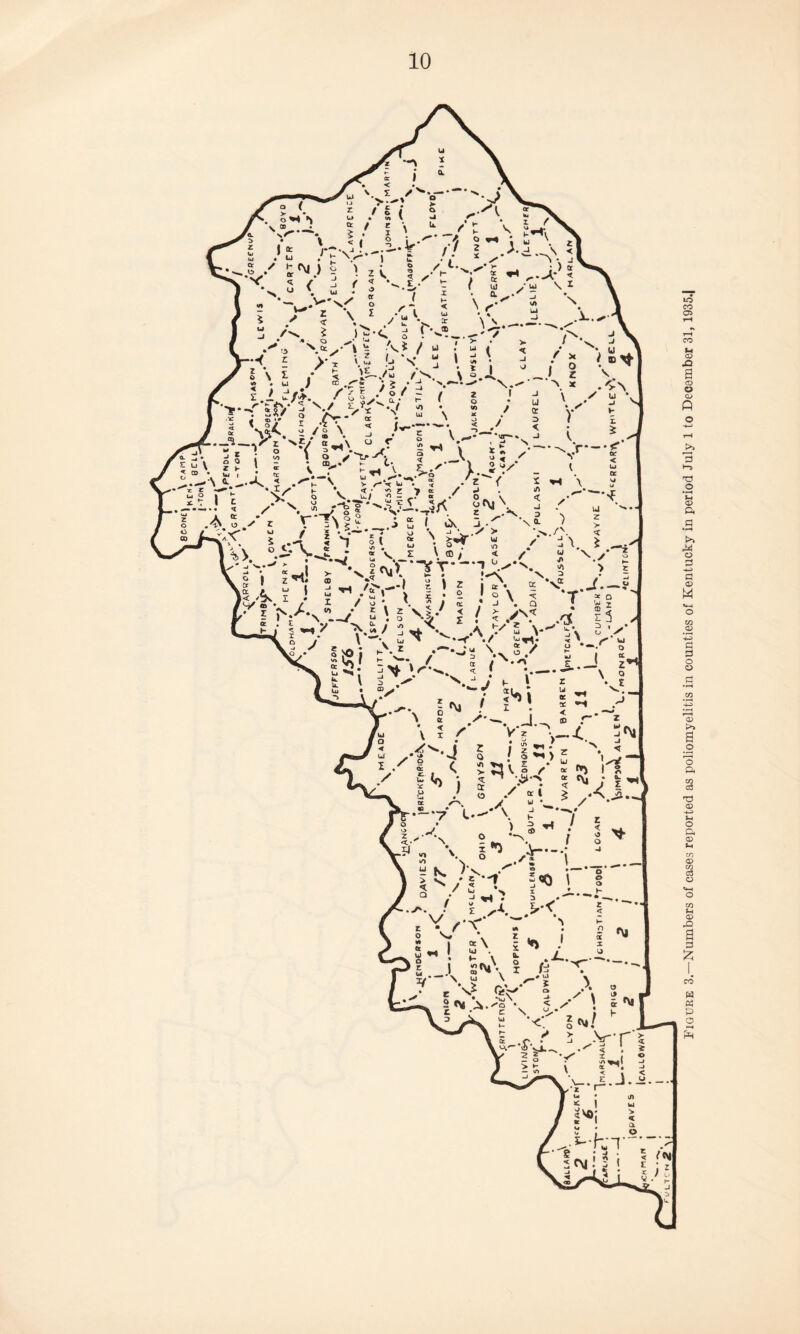 Figure 3.—Numbers of cases reported as poliomyelitis in counties of Kentucky in period July 1 to December 31, 1935.|