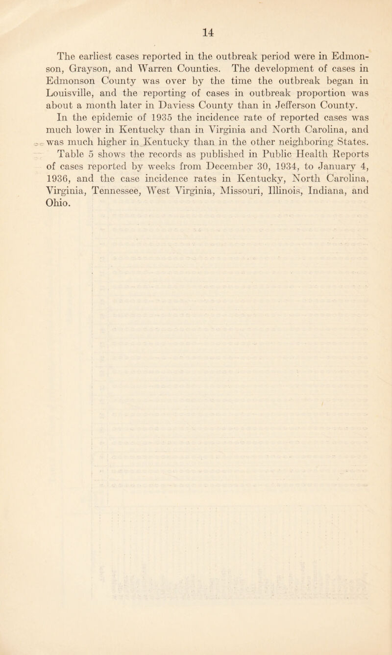 The earliest cases reported in the outbreak period were in Edmon¬ son, Grayson, and Warren Counties. The development of cases in Edmonson County was over by the time the outbreak began in Louisville, and the reporting of cases in outbreak proportion was about a month later in Daviess County than in Jefferson County. In the epidemic of 1935 the incidence rate of reported cases was much lower in Kentucky than in Virginia and North Carolina, and was much higher in Kentucky than in the other neighboring States. Table 5 shows the records as published in Public Health Reports of cases reported by weeks from December 30, 1934, to January 4, 1936, and the case incidence rates in Kentucky, North Carolina, Virginia, Tennessee, West Virginia, Missouri, Illinois, Indiana, and Ohio.