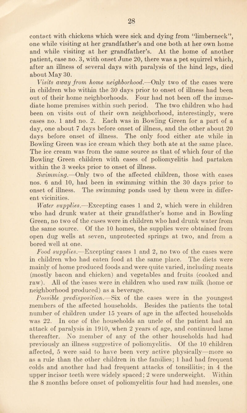 contact with chickens which were sick and dying from “limberneck”, one while visiting at her grandfather’s and one both at her own home and while visiting at her grandfather’s. At the home of another patient, case no. 3, with onset June 20, there was a pet squirrel which, after an illness of several days with paralysis of the hind legs, died about May 30. Visits away from home neighborhood.—Only two of the cases were in children who witiiin the 30 days prior to onset of illness had been out of their home neighborhoods. Four had not been off the imme¬ diate home premises within such period. The two children who had been on visits out of their own neighborhood, interestingly, were cases no. 1 and no. 2. Each was in Bowling Green for a part of a day, one about 7 days before onset of illness, and the other about 20 days before onset of illness. The only food either ate while in Bowling Green was ice cream which they both ate at the same place. The ice cream was from the same source as that of which four of the Bowling Green children with cases of poliomyelitis had partaken within the 3 weeks prior to onset of illness. Swimming.—Only two of the affected children, those with cases nos. 6 and 10, had been in swimming within the 30 days prior to onset of illness. The swimming ponds used by them were in differ¬ ent vicinities. Water supplies.—Excepting cases 1 and 2, which were in children who had drunk water at their grandfather’s home and in Bowling Green, no two of the cases were in children who had drunk water from the same source. Of the 10 homes, the supplies were obtained from open dug wells at seven, unprotected springs at two, and from a bored well at one. Food supplies.—Excepting'cases 1 and 2, no two of the cases were in children who had eaten food at the same place. The diets were mainly of home produced foods and were quite varied, including meats (mostly bacon and chicken) and vegetables and fruits (cooked and raw). All of the cases were in children who used raw milk (home or neighborhood produced) as a beverage. Possible predisposition.—Six of the cases were in the youngest members of the affected households. Besides the patients the total number of children under 15 years of age in the affected households was 22. In one of the households an uncle of the patient had an attack of paralysis in 1910, when 2 years of age, and continued lame thereafter. No member of any of the other households had had previously an illness suggestive of poliomyelitis. Of the 10 children affected, 5 were said to have been very active physically—more so as a rule than the other children in the families; 1 had had frequent colds and another had had frequent attacks of tonsillitis; in 4 the upper incisor teeth were widely spaced; 2 were underweight. Within the 8 months before onset of poliomyelitis four had had measles, one