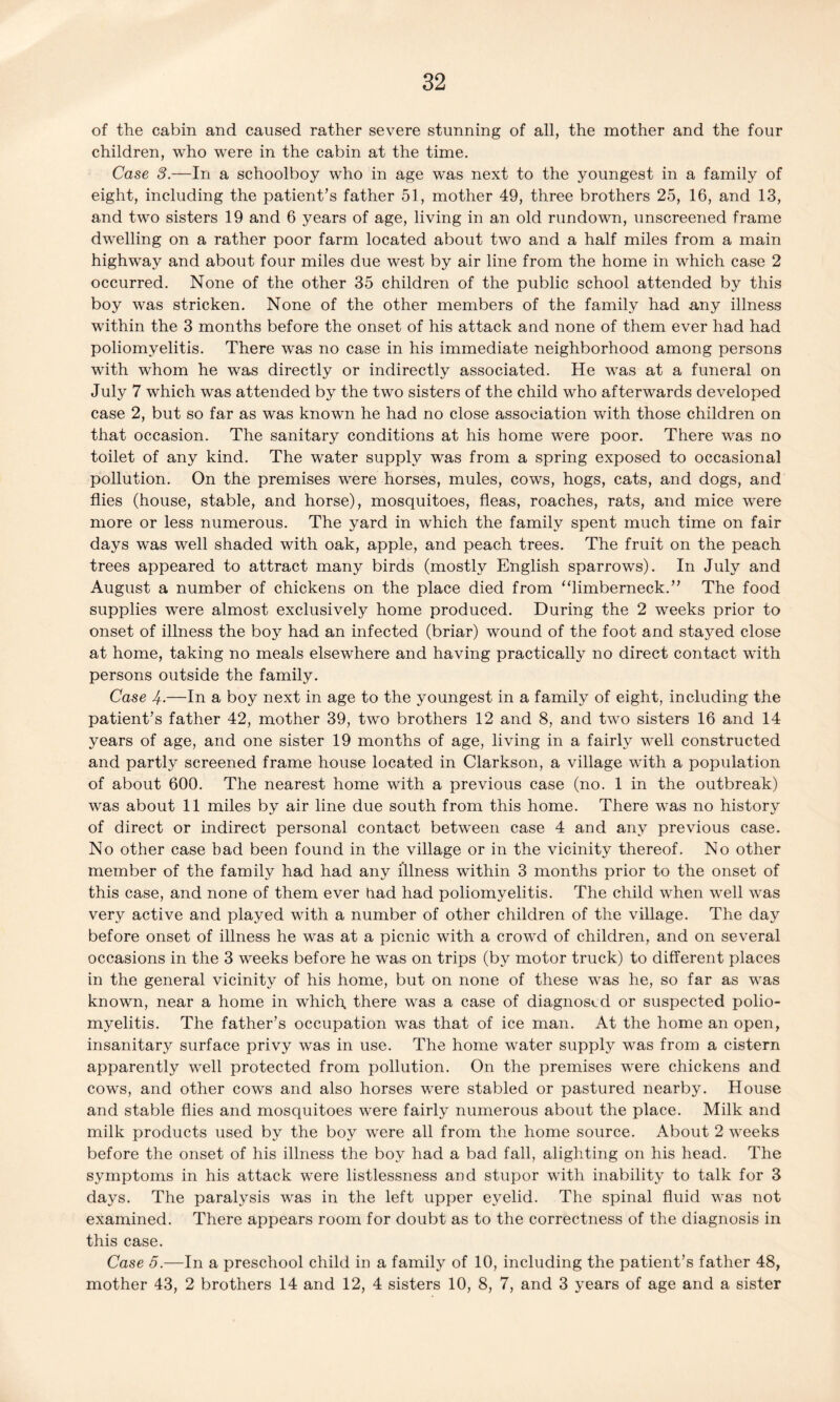 of the cabin and caused rather severe stunning of all, the mother and the four children, who were in the cabin at the time. Case 3.—In a schoolboy who in age was next to the youngest in a family of eight, including the patient’s father 51, mother 49, three brothers 25, 16, and 13, and two sisters 19 and 6 years of age, living in an old rundown, unscreened frame dwelling on a rather poor farm located about two and a half miles from a main highway and about four miles due west by air line from the home in which case 2 occurred. None of the other 35 children of the public school attended by this boy was stricken. None of the other members of the family had any illness within the 3 months before the onset of his attack and none of them ever had had poliomyelitis. There was no case in his immediate neighborhood among persons with whom he was directly or indirectly associated. He was at a funeral on July 7 which was attended by the two sisters of the child who afterwards developed case 2, but so far as was known he had no close association with those children on that occasion. The sanitary conditions at his home were poor. There was no toilet of any kind. The water supply was from a spring exposed to occasional pollution. On the premises were horses, mules, cows, hogs, cats, and dogs, and flies (house, stable, and horse), mosquitoes, fleas, roaches, rats, and mice were more or less numerous. The yard in which the family spent much time on fair days was well shaded with oak, apple, and peach trees. The fruit on the peach trees appeared to attract many birds (mostly English sparrows). In July and August a number of chickens on the place died from “limberneck.” The food supplies were almost exclusively home produced. During the 2 weeks prior to onset of illness the boy had an infected (briar) wound of the foot and stayed close at home, taking no meals elsewhere and having practically no direct contact with persons outside the family. Case J.—In a boy next in age to the youngest in a family of eight, including the patient’s father 42, mother 39, two brothers 12 and 8, and two sisters 16 and 14 years of age, and one sister 19 months of age, living in a fairly well constructed and partly screened frame house located in Clarkson, a village with a population of about 600. The nearest home with a previous case (no. 1 in the outbreak) was about 11 miles by air line due south from this home. There was no history of direct or indirect personal contact between case 4 and any previous case. No other case bad been found in the village or in the vicinity thereof. No other member of the family had had any illness within 3 months prior to the onset of this case, and none of them ever tiad had poliomyelitis. The child wdien well was very active and played with a number of other children of the village. The day before onset of illness he was at a picnic with a crowd of children, and on several occasions in the 3 weeks before he wras on trips (by motor truck) to different places in the general vicinity of his home, but on none of these was he, so far as was known, near a home in which, there was a case of diagnosed or suspected polio¬ myelitis. The father’s occupation was that of ice man. At the home an open, insanitary surface privy was in use. The home water supply was from a cistern apparently well protected from pollution. On the premises were chickens and cows, and other cows and also horses were stabled or pastured nearby. House and stable flies and mosquitoes were fairly numerous about the place. Milk and milk products used by the boy were all from the home source. About 2 weeks before the onset of his illness the boy had a bad fall, alighting on his head. The symptoms in his attack were listlessness and stupor with inability to talk for 3 days. The paralysis was in the left upper eyelid. The spinal fluid was not examined. There appears room for doubt as to the correctness of the diagnosis in this case. Case 5.—In a preschool child in a family of 10, including the patient’s father 48, mother 43, 2 brothers 14 and 12, 4 sisters 10, 8, 7, and 3 years of age and a sister