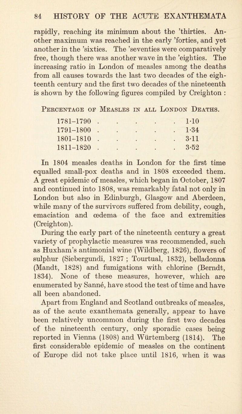 rapidly, reaching its minimum about the ’thirties. An¬ other maximum was reached in the early ’forties, and yet another in the ’sixties. The ’seventies were comparatively free, though there was another wave in the ’eighties. The increasing ratio in London of measles among the deaths from all causes towards the last two decades of the eigh¬ teenth century and the first two decades of the nineteenth is shown by the following figures compiled by Creighton : Percentage of Measles in all London Deaths. 1781-1790 1791-1800 1801-1810 1811-1820 1-10 1-34 3-11 3-52 In 1804 measles deaths in London for the first time equalled small-pox deaths and in 1808 exceeded them. A great epidemic of measles, which began in October, 1807 and continued into 1808, was remarkably fatal not only in London but also in Edinburgh, Glasgow and Aberdeen, while many of the survivors suffered from debility, cough, emaciation and oedema of the face and extremities (Creighton). During the early part of the nineteenth century a great variety of prophylactic measures was recommended, such as Huxham’s antimonial wine (Wildberg, 1826), flowers of sulphur (Siebergundi, 1827 ; Tourtual, 1832), belladonna (Mandt, 1828) and fumigations with chlorine (Berndt, 1834). None of these measures, however, which are enumerated by Sanne, have stood the test of time and have all been abandoned. Apart from England and Scotland outbreaks of measles, as of the acute exanthemata generally, appear to have been relatively uncommon during the first two decades of the nineteenth century, only sporadic cases being reported in Vienna (1808) and Wurtemberg (1814). The first considerable epidemic of measles on the continent of Europe did not take place until 1816, when it was