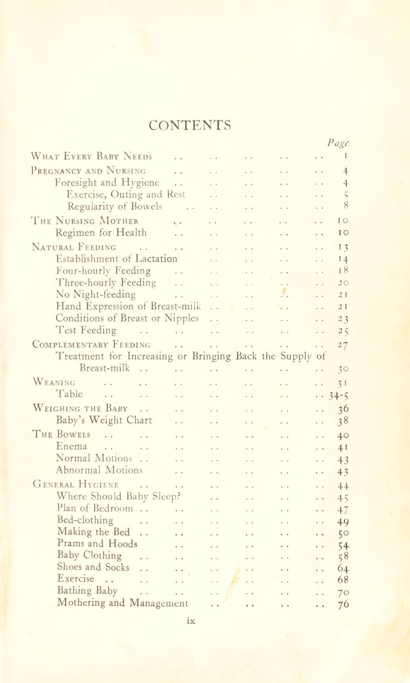 CONTENTS Page What Every Baby Needs . . . . . . . • ■ • i Pregnancy and Nursing . . . . . . • • • • 4 Foresight and Hygiene . . . . . - . . • • 4 Exercise, Outing and Rest . . . . . . • . 5 Regularity of Bowels .... . . . . . . 8 The Nursing Mother .. .. .. .. .. io Regimen for Health . . . . . . . . . . io Natural Feeding .. .. .. .. •• 13 Establishment ol Lactation . . . . . • 14 Four-hourly Feeding . . . . . . • . 18 Three-hourly Feeding . . . . . . 20 No Night-feeding . . . . . . . . . . 21 Hand Expression ot Breast-milk . . . . . . . . 21 Conditions of Breast or Nipples . . . . . . . . 23 Test Feeding . . . . . . . . . . . . 25 Complementary Feeding . . . . . . . . 27 Treatment for Increasing or Bringing Back the Supply ot Breast-milk . . . . . . . . . . 30 Weaning . . . . . . . . . . . . ..31 Table . . . . . . . . . . . . . . 34-5 Weighing the Baby . . . . . . . . . . 36 Baby’s Weight Chart . . . . . . . . . . 38 The Bowels . . . . . . . . . . . . 40 Enema . . . . . . . . . . . . .. 41 Normal Motions . . . . . . . . . . 43 Abnormal Motions . . . . . . . . 43 General Hygiene . . . . . . . . . . 44 Where Should Baby Sleep? . . . . . . . . 45 Plan of Bedroom . . . . . . . . . . 47 Bed-clothing . . . . . . . . . . . . 49 Making the Bed . . . . . . . . . . 50 Prams and Hoods . . . . . . . . 34 Baby Clothing . . . . . . . . . . 38 Shoes and Socks .. . . .. . . .. 64 Exercise . . . . . . J ■ ■ • • . . 68 Bathing Baby . . . . . . . . . . . . 70 Mothering and Management . . . . . . . . 76