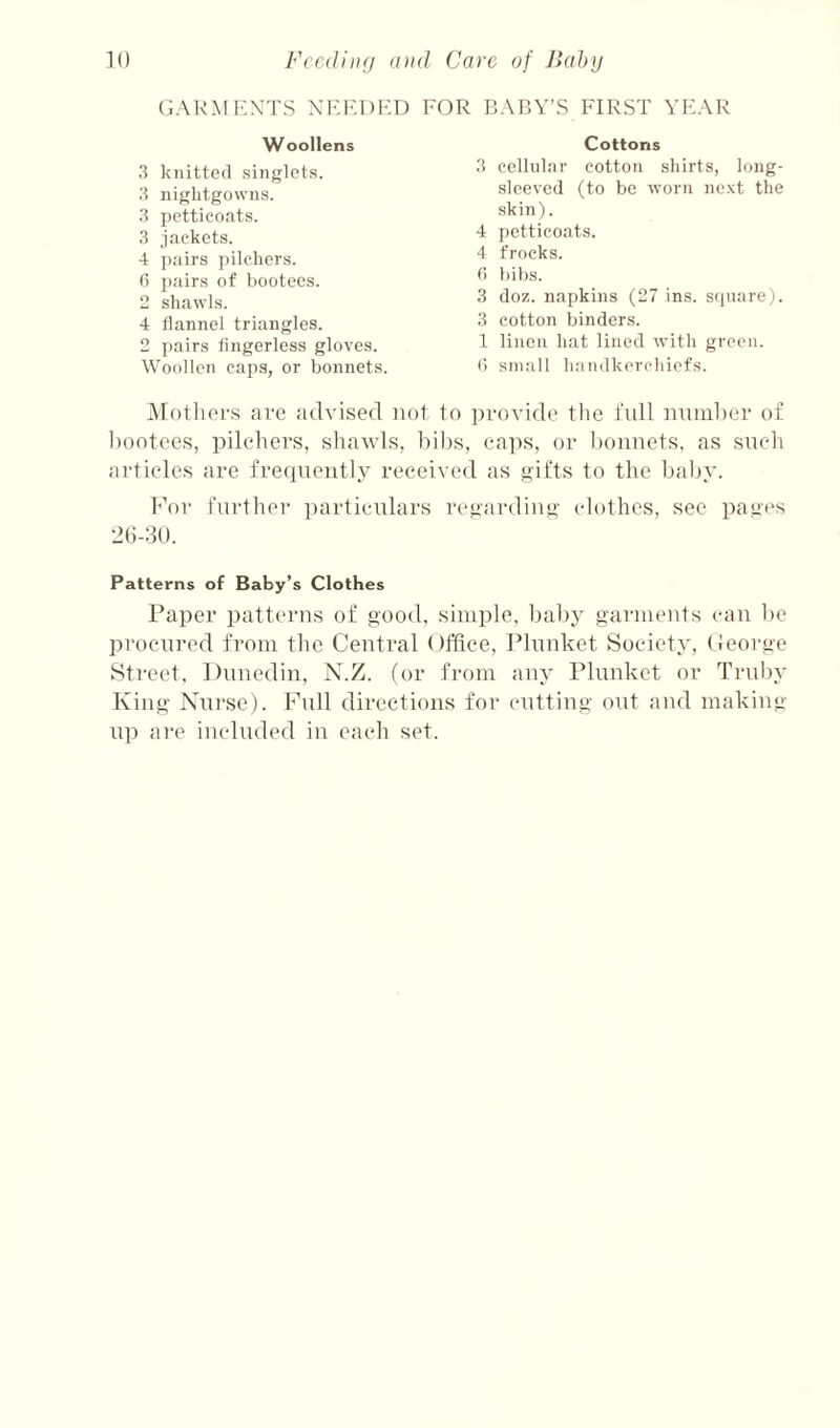 GAKMKXTS NKKDKD FOR BAPAS FIRST YEAR Woollens 3 knitted singlets. 3 nightgowns. 3 petticoats. 3 jackets. 4 pairs pilchers. (i pairs of bootees. 2 shawls. 4 flannel triangles. 2 pairs fingerless gloves. Woollen caps, or bonnets. Cottons 3 cellular cotton shirts, long- sleeved (to bo worn ne.xt the skin). 4 petticoats. 4 frocks. (5 bibs. 3 doz. napkins (27 ins. sejuare). 3 cotton binders. 1 linen hat lined with green, d small handkerchiefs. Mothers are advised not to ])rovide the i'ull nnnil)er of l)ootee.s, pilchers, shawls, lnl)s, caps, or I)onnets. as such articles are frequently received as gifts to the baby. For further jtartictilars regardiug clothes, see pages 2(1-30. Patterns of Baby’s Clothes Paper patterns of good, simple, Ifaby garments can l)e procured from the Central Office, Plunket Society, George Street, Dunedin, N.Z. (or from any Plunket or Trnby King Nurse). Ftdl directions for cutting out aud making up are included in each set.