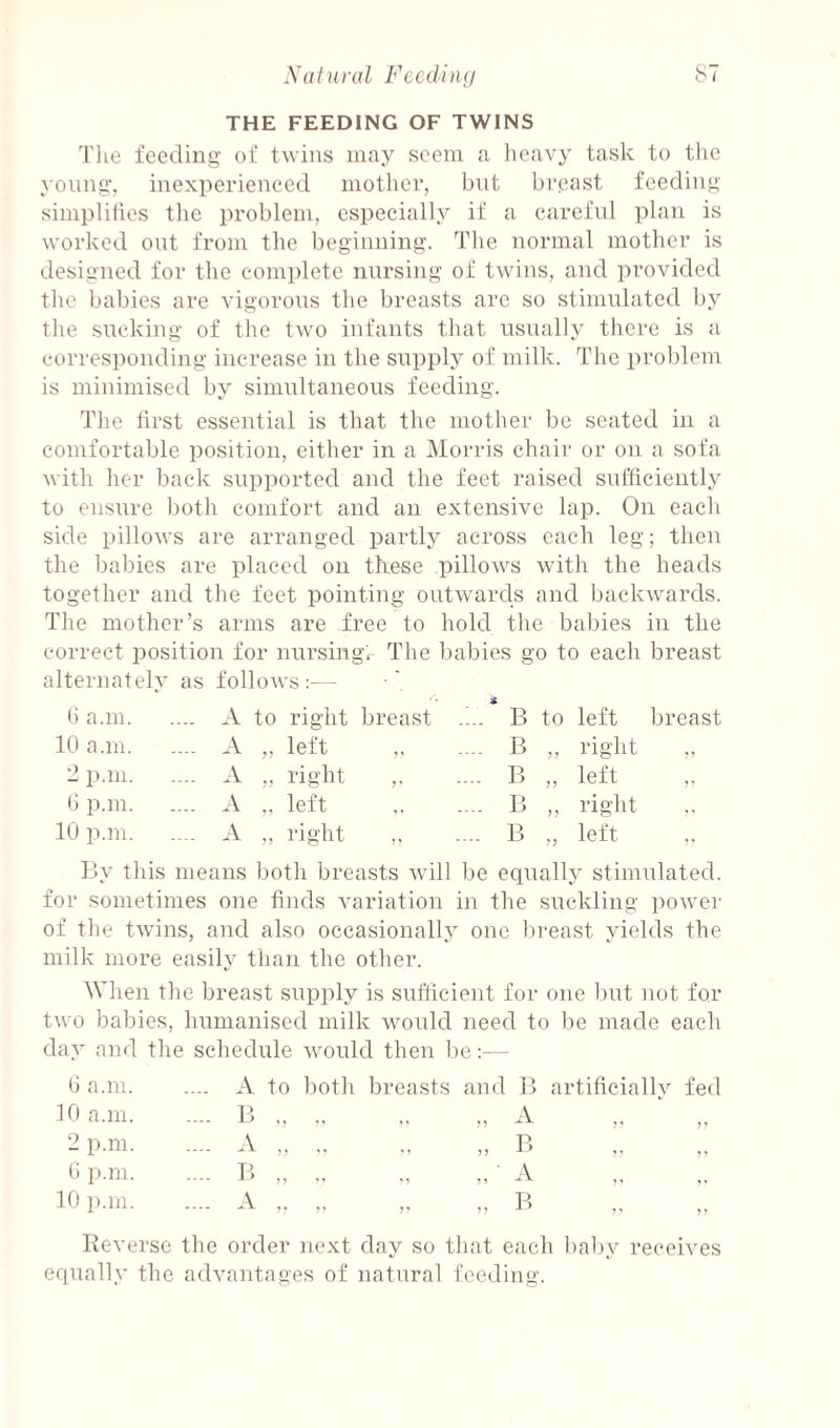 THE FEEDING OF TWINS The feeding of twins may seem a heavy task to the young, inexpei'ienced mother, but breast feeding simplifies the problem, especially if a careful plan is worked out from the beginning. The normal mother is designed for the complete nursing of twins, and provided the babies are vigorous the breasts are so stimulated by the sucking of the two infants that usually there is a eorresponding increase in the supply of milk. The problem is minimised by simultaneous feeding. The first essential is that the mother be seated in a comfortable position, either in a Morris chair or on a sofa with her back supported and the feet raised sufficiently to ensure both comfort and an extensive lap. On each side pillows are arranged partly across each leg; then the babies are placed on these pillows with the heads together and the feet pointing outwards and backwards. The mother’s arms are free to hold the babies in the correct i30sition for nursing, The babies go to each breast alternately as follows;— <j a.in. .... A 10 a.m. .... A 2 p.m. .... A () p.m. .... A 10 p.m. .... A to right breast „ left „ right left ,, right B to left breast B „ right B „ left ,. B „ right B „ left ,, By this means both breasts will be equally stimulated, for sometimes one finds variation in the suckling imwer of the twins, and also occasionally one breast yields the milk more easily than the other. When the breast supply is sufficient for one but not for two babies, humanised milk would need to be made each day and the schedule would then be:— li a.m. .... A to both breasts and B artificiallv fed 10 a.m. -- B ., ,. A ,. ■ 2 p.m. -- A ., .. n B 0 p.m. .... B „ ,. ,, A 10 p.m. .... A ,. B Eeversc the order next day so that each baby receives equally the advantages of natural feeding.