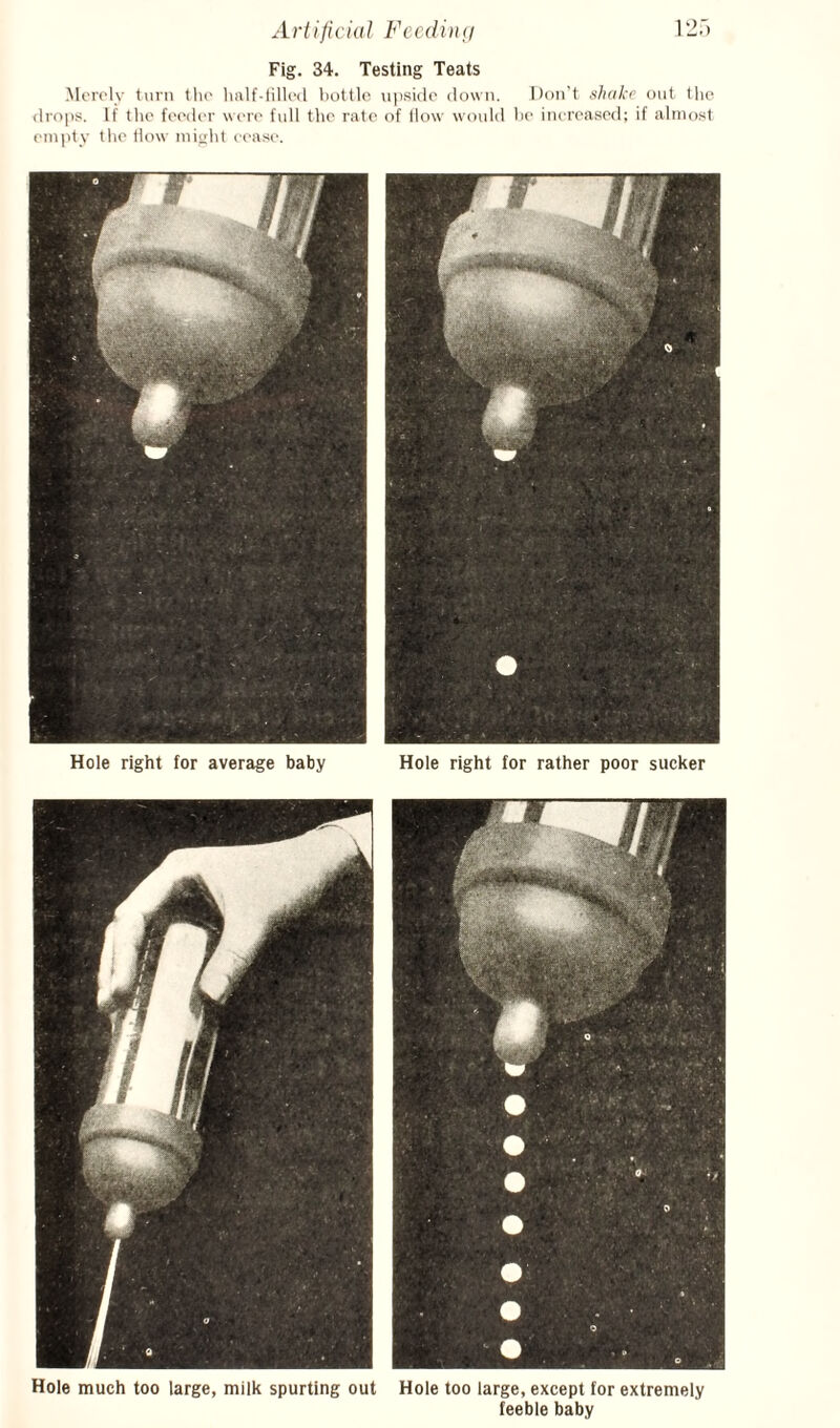 Fig. 34. Testing Teats .Merely turn the half-lilled lH)ttle upside down. Don't .shake out I he drops, if tlie feeder wen' full the rate of How would he inerc'ased; if almost empty the tlow miyht ei-ase. Hole right for average baby Hole right for rather poor sucker Hole much too large, milk spurting out Hole too large, except for extremely feeble baby