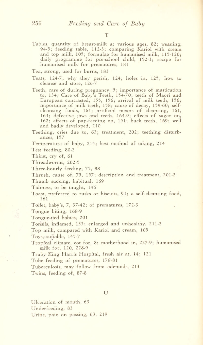 T Tables, quantity of breast-milk at various ages, 82; weaning, 94-5; feeding table, 112-3; comparing Kariol with cream and top milk, 105; formulae for humanised milk, 115-120; daily programme for pre-school child, 152-3; recipe for humanised milk for prematures, 181 Tea, strong, used for burns, 183 Teats, 124-7; why they perish, 124; holes in, 125; how to cleanse and store, 126-7 Teeth, care of during pregnancy, 5; importance of mastication to, 134; Care of Baby’s Teeth, 154-70; teeth of Maori and European contrasted, 155, 156; arrival of milk teeth, 156; importance of milk teeth, 158; cause of decay, 159-60; self¬ cleansing foods, 161; artificial means of cleansing, 161, 163; defective jaws and teeth, 164-9; effects of sugar on, 162; effects of pap-feeding on, 151; buck teeth, 169; well and badly developed, 210 Teething, cries due to, 63; treatment, 202; teething disturb¬ ances, 157 Temperature of baby, 214; best method of taking, 214 Test feeding, 80-2 Thirst, cry of, 61 Threadworms, 202-5 Three-hourly feeding, 75, 88 Thrush, cause of, 75, 157; description and treatment, 201-2 Thumb sucking, habitual, 169 Tidiness, to be taught, 146 Toast, preferred to rusks or biscuits, 91; a self-cleansing food, 161 Toilet, baby’s, 7, 37-42; of prematures, 172-3 Tongue biting, 168-9 Tongue-tied babies, 201 Tonsils, inflamed, 135; enlarged and unhealthy, 211-2 Top milk, compared with Kariol and cream, 105 Toys, suitable, 145-7 Tropical climate, cot for, 8; motherhood in, 227-9; humanised milk for, 120, 228-9 Truby King Harris Hospital, fresh air at, 14; 121 Tube feeding of prematures, 178-81 Tuberculosis, may follow from adenoids, 211 Twins, feeding of, 87-8 U Ulceration of mouth, 63 Underfeeding, 83 Urine, pain on passing, 63, 219