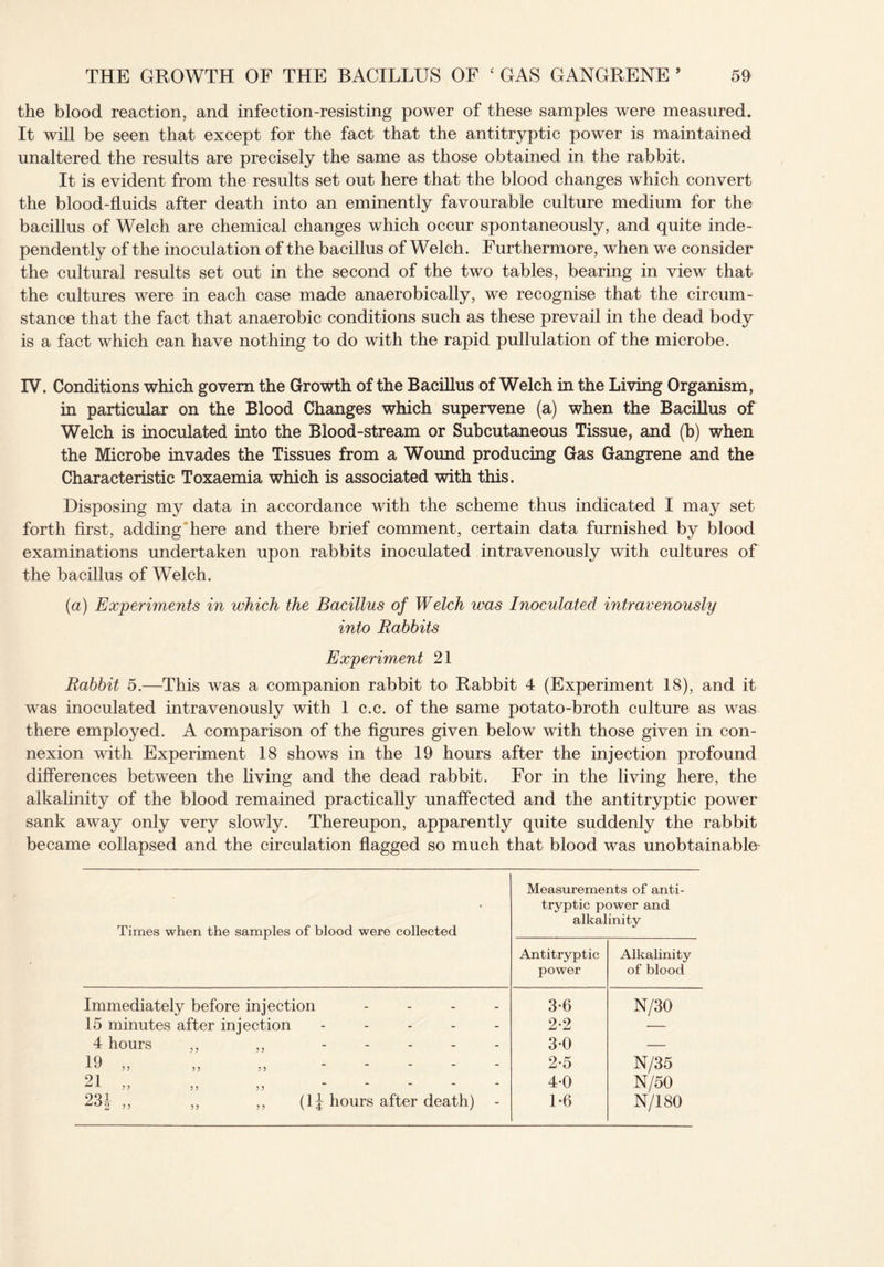 the blood reaction, and infection-resisting power of these samples were measured. It will be seen that except for the fact that the antitryptic power is maintained unaltered the results are precisely the same as those obtained in the rabbit. It is evident from the results set out here that the blood changes which convert the blood-fluids after death into an eminently favourable culture medium for the bacillus of Welch are chemical changes which occur spontaneously, and quite inde¬ pendently of the inoculation of the bacillus of Welch. Furthermore, when we consider the cultural results set out in the second of the two tables, bearing in view that the cultures were in each case made anaerobically, we recognise that the circum¬ stance that the fact that anaerobic conditions such as these prevail in the dead body is a fact which can have nothing to do with the rapid pullulation of the microbe. IV. Conditions which govern the Growth of the Bacillus of Welch in the Living Organism, in particular on the Blood Changes which supervene (a) when the Bacillus of Welch is inoculated into the Blood-stream or Subcutaneous Tissue, and (b) when the Microbe invades the Tissues from a Wound producing Gas Gangrene and the Characteristic Toxaemia which is associated with this. Disposing my data in accordance with the scheme thus indicated I may set forth first, adding here and there brief comment, certain data furnished by blood examinations undertaken upon rabbits inoculated intravenously with cultures of the bacillus of Welch. (a) Experiments in which the Bacillus of Welch was Inoculated intravenously into Rabbits Experiment 21 Rabbit 5.—This was a companion rabbit to Rabbit 4 (Experiment 18), and it was inoculated intravenously with 1 c.c. of the same potato-broth culture as was there employed. A comparison of the figures given below with those given in con¬ nexion with Experiment 18 shows in the 19 hours after the injection profound differences between the living and the dead rabbit. For in the living here, the alkalinity of the blood remained practically unaffected and the antitryptic power sank away only very slowly. Thereupon, apparently quite suddenly the rabbit became collapsed and the circulation flagged so much that blood was unobtainable Times when the samples of blood were collected Antitryptic power Alkalinity of blood Immediately before injection - 3-6 N/30 15 minutes after injection ----- 2-2 •— 4 hours ,, ? ? 3-0 — 19 55 55 5 5 2-5 N/35 21 „ 4-0 N/50 23lj ,, ,, ,, (1J hours after death) 1-6 N/180 Measurements of anti¬ tryptic power and alkalinity