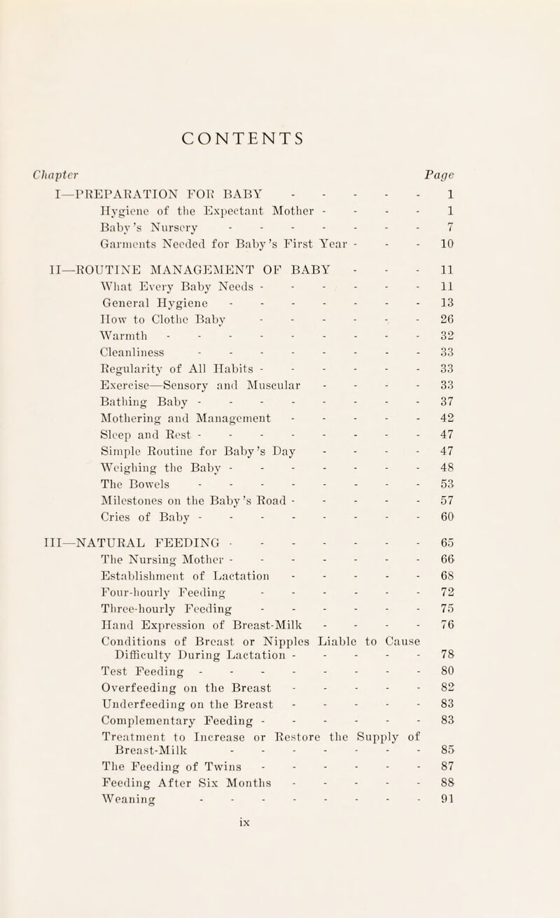 Chapter Page I—PREPARATION POR BABY.1 Hygiene of the Expectant Mother - - - - 1 Baby’s Nursery ------- 7 Garments Needed for Baby’s First Year - - - 10 II—ROUTINE MANAGEMENT OF BABY - - - 11 What Evei'y Baby Needs ------ H General Hygiene ------- 13 How to Clothe Baby ------ 26 Warintli --------- 32 Cleanliness -------- 33 Regularity of All Habits ------ 33 Exercise—Sensory and Muscular - - - - 33 Bathing Baby -------- 37 Mothering and Management ----- 42 Sleep and Rest -------- 47 Simple Routine for Baby’s Day - - - - 47 Weighing the Baby ------- 48 The Bowels -------- 53 Milestones on the Baby’s Road ----- 57 Cries of Baby -------- 60 III—NATURAL FEEDING.65 The Nursing Mother ------- 66 Establishment of Lactation ----- 68 Four-hourly Feeding ------ 72 Three-hourly Feeding ------ 75 Hand Expression of Breast-Milk - - - - 76 Conditions of Breast or Nipples Liable to Cause Difficulty During Lactation ----- 78 Test Feeding -------- 80 Overfeeding on the Breast ----- 82 Underfeeding on the Breast ----- 83 Complementary Feeding ------ 83 Treatment to Increase or Restore the Supply of Breast-Milk ------- 85 The Feeding of Twins ------ 87 Feeding After Six Months ----- 88 Weaning - - - - - - - - 91