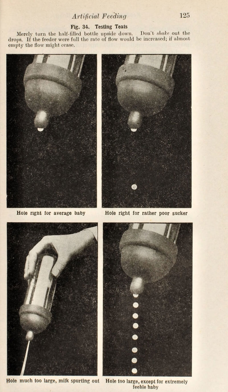 A riifi rial Fee din (j Fig. 34. Testing Teats Merely turn the luilf-filled bottle upside down. Don't, sltuko out the drops. If the feeder were full tlic rate of flow would bo increased; if almost empt)' the How might cease. Hole ngnt tor average baby Hole right for rather poor sucker Hole much too large, milk spurting out Hole too large, except for extremely feeble baby