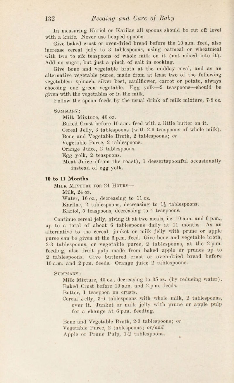 In jnoasuring Kariol or Karilac all spoons should be cut off level with a knife. Never use heaped spoons. Give baked crust or oven-dried bread before the 10 a.m. feed, also increase cereal jelly to 3 tablespoons, using oatmeal or wheatmeal with two to six teaspoons of whole milk on it (not mixed into it). Add no sugar, but just a pinch of salt in cooking. Give bone and vegetable broth at the midday meal, and as an alternative vegetable puree, made from at least two of the following vegetables: spinach, silver beet, cauliflower, carrot or potato, always choosing one green vegetable. Egg yolk—2 teaspoons—should be given with the vegetables or in the milk. Follow the spoon feeds by the usual drink of milk mixture, 7-8 oz. Summary : Milk Mixture, 40 oz. Baked Crust before 10 a.m. feed with a little butter on it. Cereal Jelly, 3 tablespoons (with 2-6 teaspoons of whole milk). Bone and Vegetable Broth, 2 tablespoons; or Vegetable Puree, 2 tablespoons. Orange Juice, 2 tablespoons. Egg yolk, 2 teaspoons. Meat Juice (from the roast), 1 dessertspoonful occasionally instead of egg yolk. 10 to 11 Months Milk Mixture for 24 Hours— Milk, 24 oz. Water, 16 oz., decreasing to 11 oz. Karilac, 2 tablespoons, decreasing to 1^ tablespoons. Kariol, 5 teaspoons, decreasing to 4 teaspoons. Continue cereal jelly, giving it at two meals, i.e. 10 a.m. and 6 I'.m., u[) to a total of about 6 tablespoons daily at 11 months. As an alternative to the cereal, junket or milk jelly with prune or apple puree can be given at the 6 p.m. feed. Give bone and vegetable broth, 2-3 tablespoons, or vegetable puree, 2 tablespoons, at the 2 p.m. feeding, also fruit pulp made from baked apple or prunes up to 2 tablespoons. Give buttered crust or oven-dried bread before 10 a.m. and 2 p.m. feeds. Orange juice 2 tablespoons. Summary ; Milk Mixture, 40 oz., decreasing to 36 oz. (by reducing water). Baked Crust before 10 a.m. and 2 p.m. feeds. Butter, 1 teaspoon on crusts. Cereal Jelly, 3-6 tablespoons with whole milk, 2 tablespoons, over it. Junket or milk jelly with prune or apple pulp for a. change at 6 p.m. feeding. Bono and Vegetable Broth, 2-3 tables\ioons; or Vegclable I’uree, 2 tablesiioons; or/aiul Apple or I’ruiie I’ulp, 1-2 tablespoons.