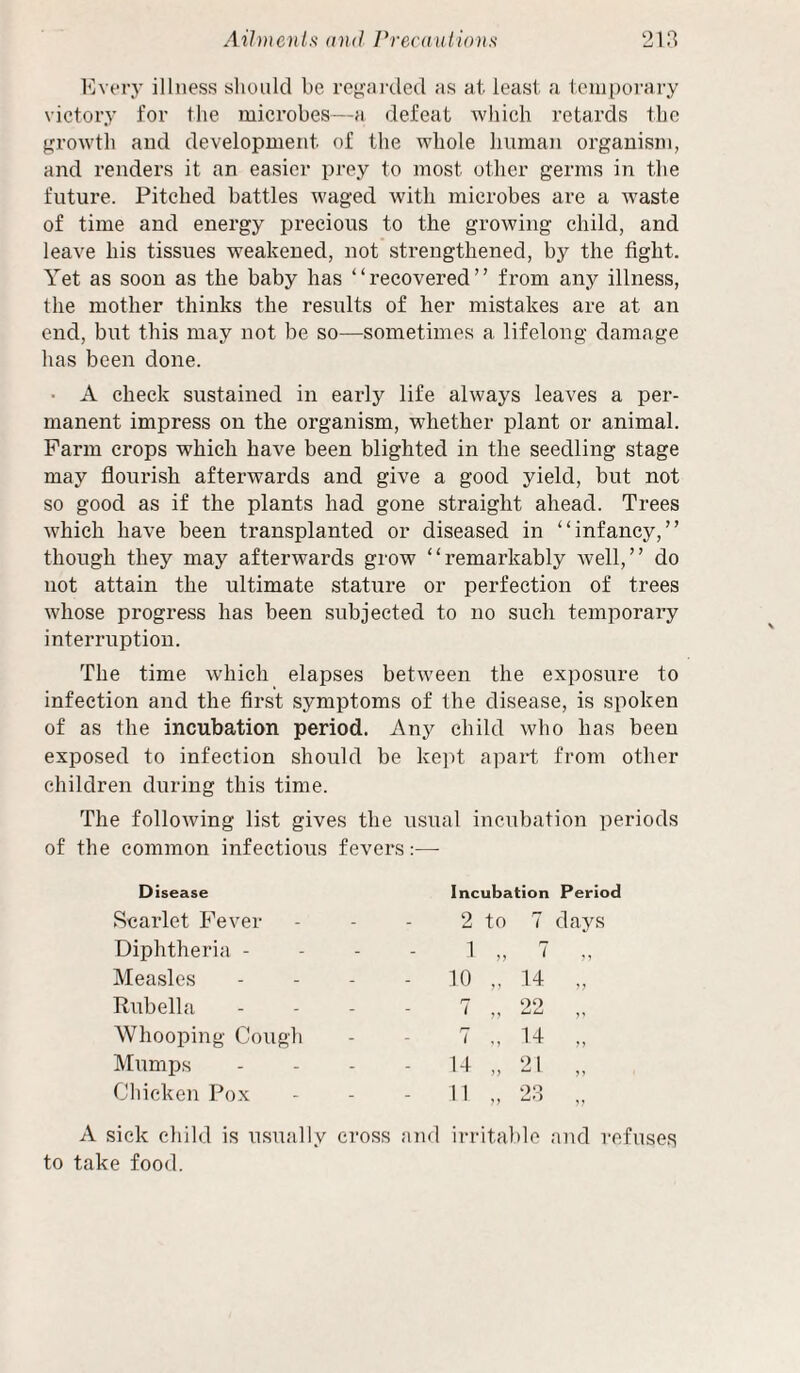Aihnenis and Precaulions ‘Jir? Every illness should be rey'aj'ded as at least a teiuporary victory for the microbes—a defeat which retards the [growth and development of the whole human organism, and renders it an easier pj’ey to most other germs in the future. Pitched battles waged with microbes are a waste of time and energy precious to the growing child, and leave his tissues weakened, not strengthened, by the fight. Yet as soon as the baby has “recovered” from any illness, the mother thinks the results of her mistakes are at an end, but this may not be so—sometimes a lifelong damage has been done. • A check sustained in early life always leaves a per¬ manent impress on the organism, whether plant or animal. Farm crops which have been blighted in the seedling stage may flourish afterwards and give a good yield, but not so good as if the plants had gone straight ahead. Trees which have been transplanted or diseased in “infancy,” though they may afterwards grow “remarkably well,” do not attain the ultimate stature or perfection of trees whose progress has been subjected to no such temporary interruption. The time which elapses between the exposure to infection and the first symptoms of the disease, is spoken of as the incubation period. Any child who has been exposed to infection should be kejh apart from other children during this time. The following list gives the usual incubation periods of the common infectious fevers:— Disease Incubation Period Scarlet Fever - 2 to 7 days Diphtheria - - 1 „ 7 „ Measles - - 10 .. 14 „ Rubella - 7 „ 22 „ Whooping Cough - f— i 14 „ Mumps - - 1-1 21 Chicken Pox - 11 A sick child is usually cross and irritable and refuses to take food.