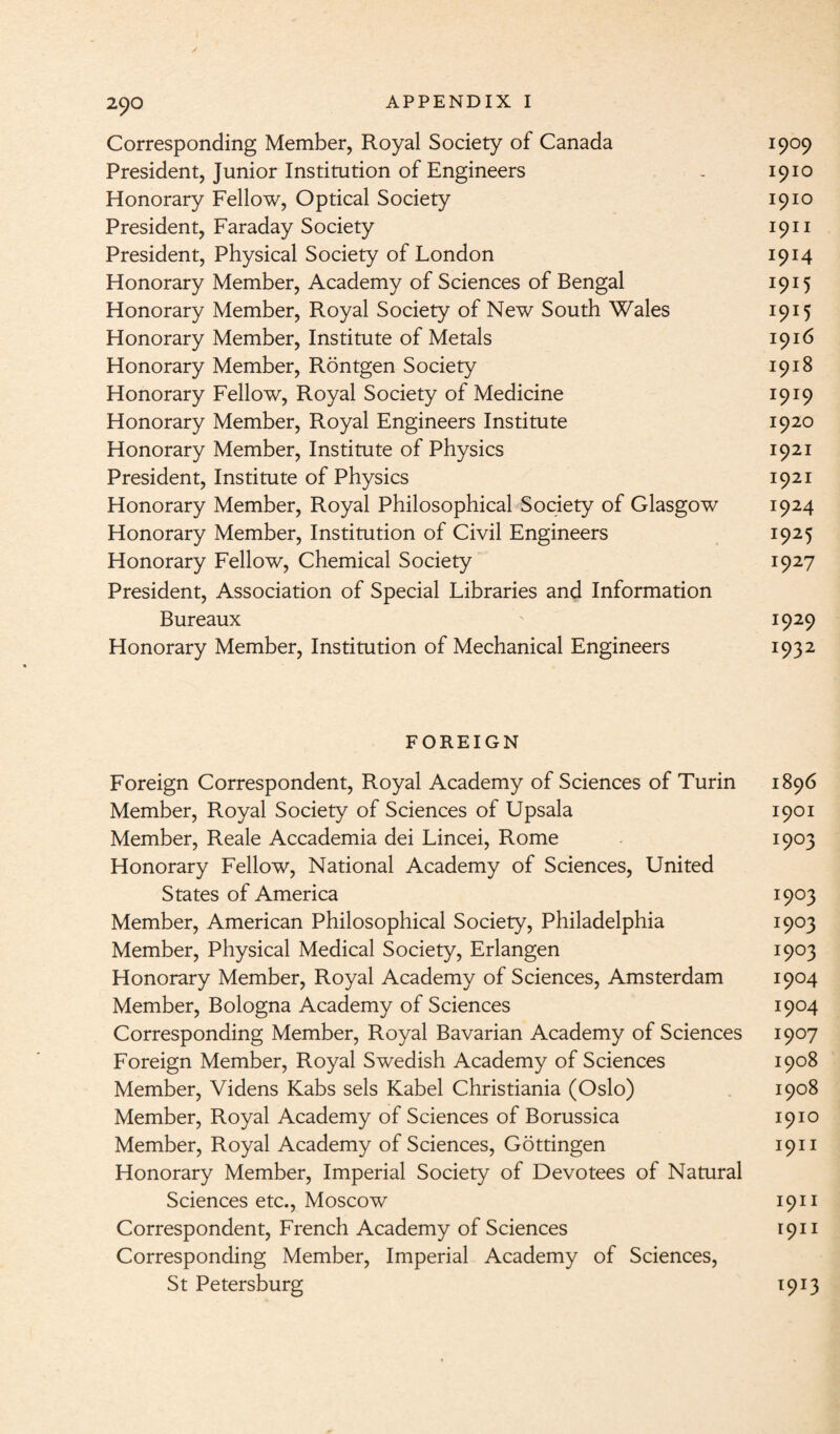 / Corresponding Member, Royal Society of Canada 1909 President, Junior Institution of Engineers - 1910 Honorary Fellow, Optical Society 1910 President, Faraday Society 1911 President, Physical Society of London 1914 Honorary Member, Academy of Sciences of Bengal 1915 Honorary Member, Royal Society of New South Wales 1915 Honorary Member, Institute of Metals 1916 Honorary Member, Rontgen Society 1918 Honorary Fellow, Royal Society of Medicine 1919 Honorary Member, Royal Engineers Institute 1920 Honorary Member, Institute of Physics 1921 President, Institute of Physics 1921 Honorary Member, Royal Philosophical Society of Glasgow 1924 Honorary Member, Institution of Civil Engineers 1925 Honorary Fellow, Chemical Society 1927 President, Association of Special Libraries and Information Bureaux 1929 Honorary Member, Institution of Mechanical Engineers 1932 FOREIGN Foreign Correspondent, Royal Academy of Sciences of Turin 1896 Member, Royal Society of Sciences of Upsala 1901 Member, Reale Accademia dei Lincei, Rome 1903 Honorary Fellow, National Academy of Sciences, United States of America 1903 Member, American Philosophical Society, Philadelphia 1903 Member, Physical Medical Society, Erlangen 1903 Honorary Member, Royal Academy of Sciences, Amsterdam 1904 Member, Bologna Academy of Sciences 1904 Corresponding Member, Royal Bavarian Academy of Sciences 1907 Foreign Member, Royal Swedish Academy of Sciences 1908 Member, Videns Kabs sels Kabel Christiania (Oslo) 1908 Member, Royal Academy of Sciences of Borussica 1910 Member, Royal Academy of Sciences, Gottingen 1911 Honorary Member, Imperial Society of Devotees of Natural Sciences etc., Moscow 19n Correspondent, French Academy of Sciences 1911 Corresponding Member, Imperial Academy of Sciences, St Petersburg 1913