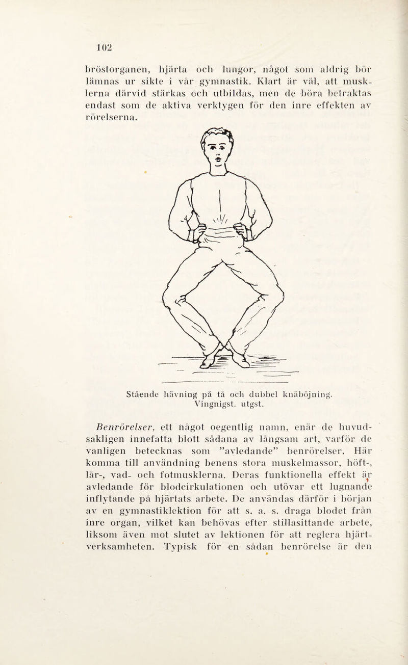 bröstorganen, hjärta och lungor, något som aldrig bör lämnas ur sikte i vår gymnastik. Klart är väl, att musk¬ lerna därvid stärkas och utbildas, men de böra betraktas endast som de aktiva verktygen för den inre effekten av rörelserna. Stående hävning på tå och dubbel knäböjning. Vingnigst. utgst. Benrörelser, ett något oegentlig namn, enär de huvud¬ sakligen innefatta blott sådana av långsam art, varför de vanligen betecknas som ”avledande” benrörelser. Här komma till användning benens stora muskelmassor, höft-, lår-, vad- och fotmusklerna. Deras funktionella effekt är avledande för blodcirkulationen och utövar ett lugnande inflytande på hjärtats arbete. De användas därför i början av en gymnastiklektion för att s. a. s. draga blodet från inre organ, vilket kan behövas efter stillasittande arbete, liksom även mot slutet av lektionen för att reglera hjärt¬ verksamheten. Typisk för en sådan benrörelse är den