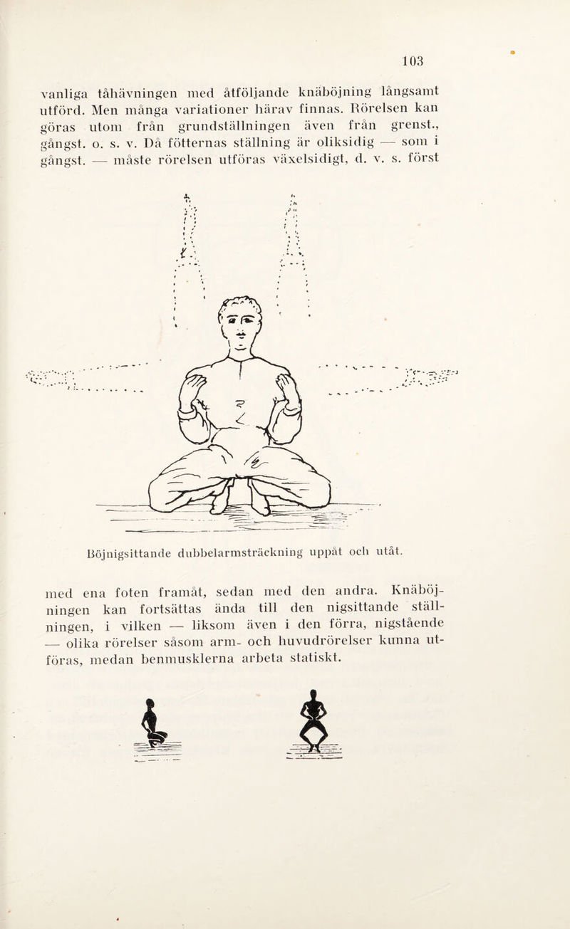 CfO OO, 00 utförd. Men inånga variationer härav finnas. Rörelsen kan öras utom från grundställningen även från grenst., ångst. o. s. v. Då fotternas ställning är oliksidig — som i ångst. — måste rörelsen utföras växelsidigt, d. v. s. först Böjnigsittande dubbelarmsträckning uppåt och utåt. med ena foten framåt, sedan med den andra. Knäböj¬ ningen kan fortsättas ända till den nigsittande ställ¬ ningen, i vilken — liksom även i den förra, nigstående _ olika rörelser såsom arm- och huvudrörelser kunna ut¬ föras, medan benmusklerna arbeta statiskt.
