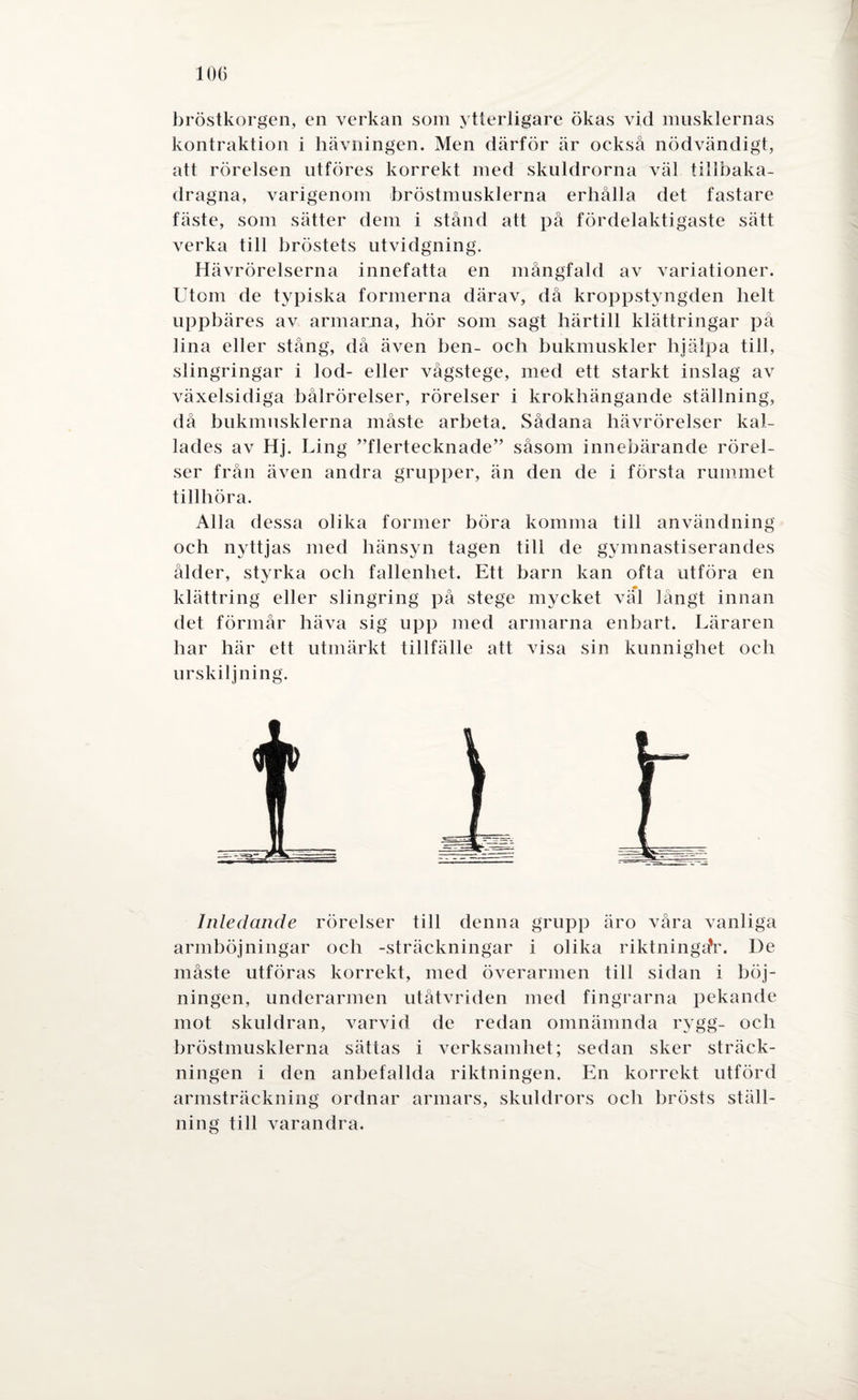 10G bröstkorgen, en verkan som ytterligare ökas vid musklernas kontraktion i hävningen. Men därför är också nödvändigt, att rörelsen utföres korrekt med skuldrorna väl tillbaka¬ dragna, varigenom bröstmusklerna erhålla det fastare fäste, som sätter dem i stånd att på fördelaktigaste sätt verka till bröstets utvidgning. Hävrörelserna innefatta en mångfald av variationer. Utom de typiska formerna därav, då kroppstyngden helt uppbäres av armarna, hör som sagt härtill klättringar på lina eller stång, då även ben- och bukmuskler hjälpa till, slingringar i lod- eller vågstege, med ett starkt inslag av växelsidiga bålrörelser, rörelser i krokhängande ställning, då bukmusklerna måste arbeta. Sådana hävrörelser kal¬ lades av Hj. Ling ”flertecknade” såsom innebärande rörel¬ ser från även andra grupper, än den de i första rummet tillhöra. Alla dessa olika former böra komma till användning och nyttjas med hänsyn tagen till de gymnastiserandes ålder, styrka och fallenhet. Ett barn kan ofta utföra en klättring eller slingring på stege mycket val långt innan det förmår häva sig upp med armarna enbart. Läraren har här ett utmärkt tillfälle att visa sin kunnighet och urskiljning. Inledande rörelser till denna grupp äro våra vanliga armböjningar och -sträckningar i olika riktningaV. De måste utföras korrekt, med överarmen till sidan i böj¬ ningen, underarmen utåtvriden med fingrarna pekande mot skuldran, varvid de redan omnämnda rygg- och bröstmusklerna sättas i verksamhet; sedan sker sträck¬ ningen i den anbefallda riktningen. En korrekt utförd armsträckning ordnar armars, skuldrors och brösts ställ¬ ning till varandra.