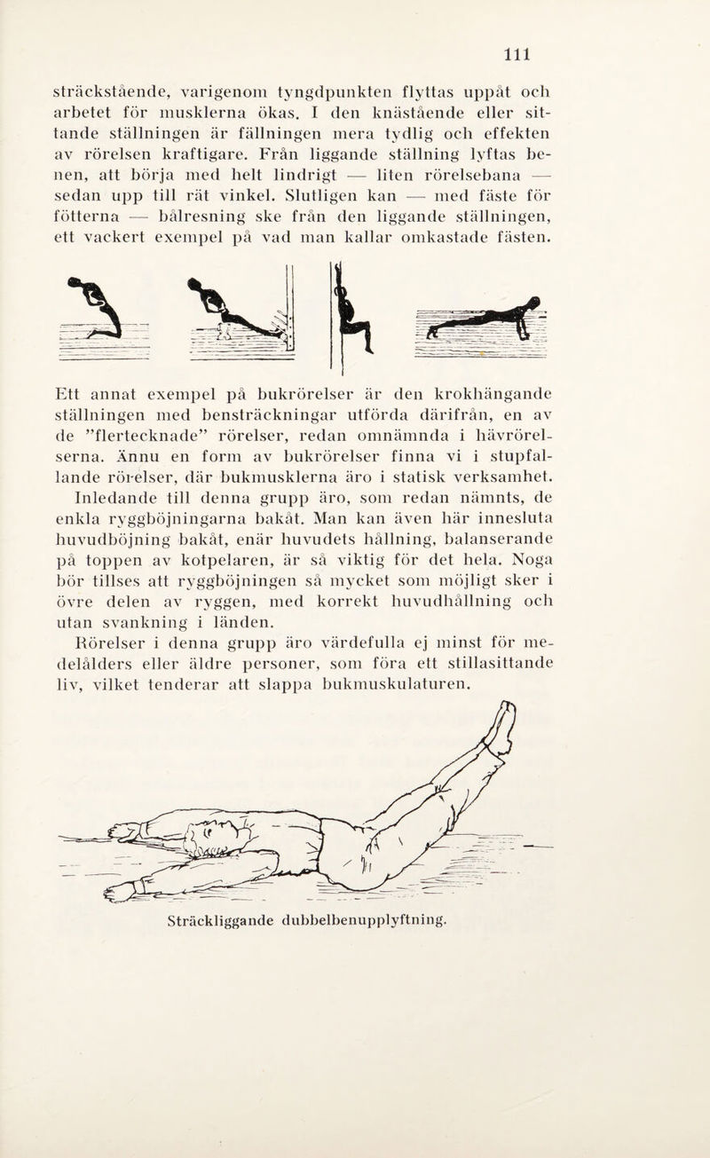 sträckstående, varigenom tyngdpunkten flyttas uppåt och arbetet för musklerna ökas. I den knästående eller sit¬ tande ställningen är fällningen mera tydlig och effekten av rörelsen kraftigare. Från liggande ställning lyftas be¬ nen, att börja med helt lindrigt -— liten rörelsebana — sedan upp till rät vinkel. Slutligen kan — med fäste för fotterna — bålresning ske från den liggande ställningen, ett vackert exempel på vad man kallar omkastade fästen. Ett annat exempel på bukrörelser är den krokhängande ställningen med bensträckningar utförda därifrån, en av de ”flertecknade” rörelser, redan omnämnda i liävrörel- serna. Ännu en form av bukrörelser finna vi i stupfal- lande rörelser, där bukmusklerna äro i statisk verksamhet. Inledande till denna grupp äro, som redan nämnts, de enkla ryggböjningarna bakåt. Man kan även här innesluta huvudböjning bakåt, enär huvudets hållning, balanserande på toppen av kotpelaren, är så viktig för det hela. Noga bör tillses att ryggböjningen så mycket som möjligt sker i övre delen av ryggen, med korrekt huvudhållning och utan svankning i länden. Rörelser i denna grupp äro värdefulla ej minst för me¬ delålders eller äldre personer, som föra ett stillasittande liv, vilket tenderar att slappa bukmuskulaturen.