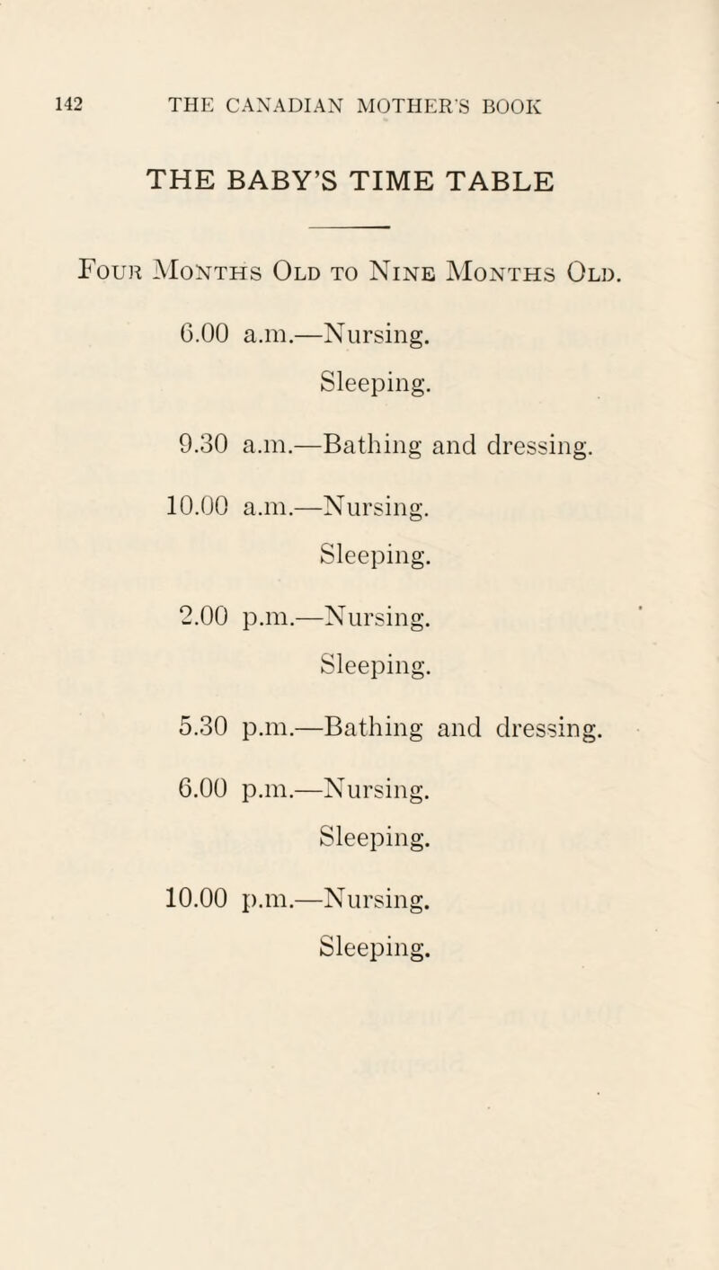 THE BABY’S TIME TABLE Four Months Old to Nine Months Old. 6.00 a.m.—Nursing. Sleeping. 9.30 a.m.—Bathing and dressing. 10.00 a.m.—Nursing. Sleeping. 2.00 p.m.—Nursing. Sleeping. 5.30 p.m.—Bathing and dressing. 6.00 p.m.—Nursing. Sleeping. 10.00 p.m.—Nursing. Sleeping.