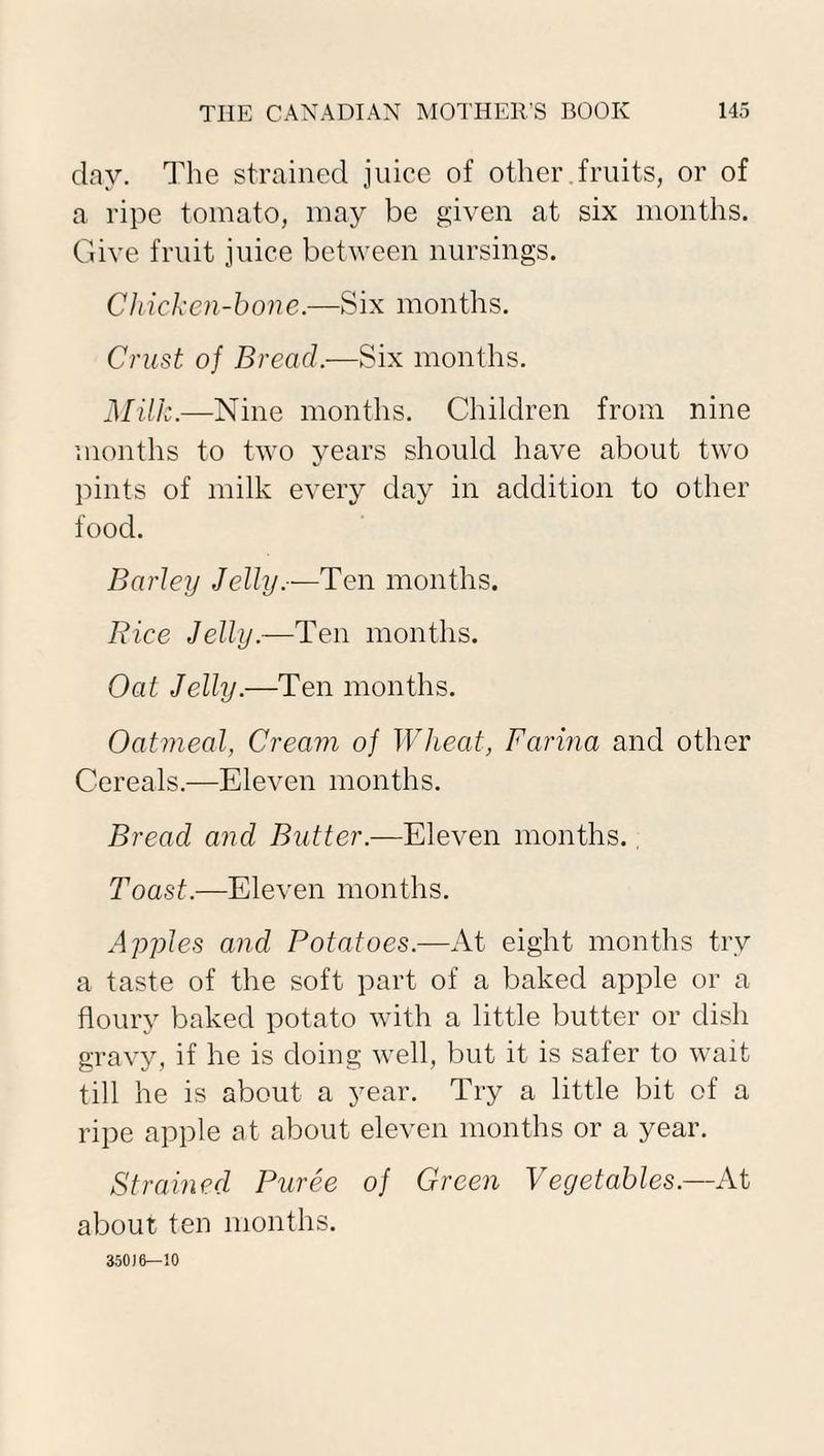 day. The strained juice of other.fruits, or of a ripe tomato, may be given at six months. Give fruit juice between nursings. Chicken-bone.—Six months. Crust of Bread.—Six months. Milk.—Nine months. Children from nine months to two years should have about two pints of milk every day in addition to other food. Barley Jelly.—Ten months. Rice Jelly.—Ten months. Oat Jelly.—Ten months. Oatmeal, Cream of Wheat, Farina and other Cereals.—Eleven months. Bread and Butter.—Eleven months., Toast.—Eleven months. Apples and Potatoes.—At eight months try a taste of the soft part of a baked apple or a floury baked potato with a little butter or dish gravy, if he is doing well, but it is safer to wait till he is about a year. Try a little bit of a ripe apple at about eleven months or a year. Strained Puree of Green Vegetables.—At about ten months. 350J6—10