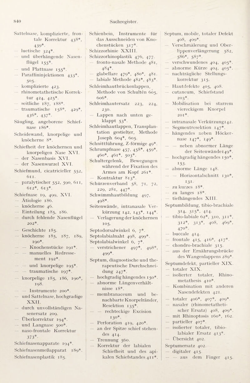 Sattelnase, komplizierte, fron¬ tale Korrektur 438*, 439*- luetische 324*. und überhängende Nasen¬ flügel 155*. und Plattnase 155*. Paraffininjektionen 433*, 5°5- komplizierte 423. rhinometathetische Korrek¬ tur 424, 425*. seitliche 187, 188*. traumatische 158*, 429*, 436*, 437*. Säugling, angeborene Schief¬ nase 186*. Scheidewand, knorpelige und knöcherne 8*. Schiefheit der knöchernen und knorpeligen Nase XVI. der Nasenbasis XVI. der Nasenwurzel XVI. Schiefmund, cicatricieller 552, 611. paralytischer 552, 590, 611, 612*, 613*. Schiefnase 19, 499, XVI. — Ätiologie 186. knöcherne 46. - Einteilung 185, 186. durch fehlende Nasenflügel 202*. - Geschichte 185. - knöcherne 185, 187, 189, 190*. — Knochenstücke 191*. manuelles Redresse¬ ment 192*. und knorpelige 195*. traumatische 197*. knorpelige 185, 186, 190*, 198. Instrumente 200*. und Sattelnase, hochgradige XXII. durch unvollständigen Na¬ senersatz 209. Überkorrektur 194*. und Langnase 500*. naso-frontale Korrektur 373*- Schiefnasenapparate 194*. Schiefnasenmeßapparat 189*. Schiefnasenplastik 185. Schienbein, Instrumente für das Ausschneiden von Kno¬ chenstücken 317*. Schizzorhinie XXIII. Schizzorhinoplastik 476, 477. fronto-nasale Methode 481, 484*. glabellare 479*, 480*, 481. — labiale Methode 482*, 483*. Schleimhautbrückenlappen, Methode von Schulten 605, 606*. Schleimhautersatz 223, 224, 230. Lappen nach unten ge¬ klappt 53*. Schleimhautlappen, Transplan¬ tation gestielter, Methode Joseph 604*, 605. Schnittführung, Z-förmige 49*. Schrumpfnase 457, 458*, 459*, 460*, 461*, 503*. Schultergelenk, Bewegungen während der Lixation des Armes am Kopf 261*. Kontraktur 813*. Schürzen verband 58, 71, 72, 229, 281, 447*. Schwimmhautbildung 497, 498*. Seitenwände, intranasale Ver¬ kürzung 142, 143*, 144*. — Verlagerung der knöchernen 105. Septodorsalwinkel 6, 7*. Septolabialnaht 498, 499*. Septolabialwinkel 6, 7*. verstrichener 497*, 498*, 499*. Septum, diagnostische und the¬ rapeutische Durchschnei¬ dung 247*. hochgradig hängendes 150*. — abnorme Längenverhält¬ nisse 18*. membranaceum und be¬ nachbarte Knorpelränder, Resektion 135*. rechteckige Excision 130*. Perforation 419, 420*. an der Spitze schief stehen¬ des 414. Trennung 560. — Korrektur der labialen Schiefheit und des api¬ kalen Schiefstandes 411*. Septum, mobile, totaler Defekt 408, 409*. Verschmälerung und Ober¬ lippenverlängerung 582, 586*, 587*. verschwundenes 404, 405*. abnorme Kürze 404, 405*. nachträgliche Stellungs¬ korrektur 315. Hautdefekte 405, 408. cutaneum, Schiefstand 203*. Mobilisation bei starrem viereckigem Knorpel 201*. intranasale Verkürzung!42. Segmentresektion 147*. hängendes neben Höcker¬ nase 147*, 149*. — neben abnormer Länge der Seitenwändei49*. hochgradig hängendes 150*, 153- — abnorme Länge 148. Horizontalschnitt 130*, 131- — zu kurzes 18*. — zu langes 18*. tiefhängendes XIII. Septumbildung, tibio-bracliiale 314, 315*, 414. tibio-labiale 62*, 310, 311*, 312*, 313*, 408, 469*, 470*. — buccale 414. frontale 415, 416*, 417*. chondro-brachiale 315. aus der Ernährungsbrücke des Wangenlappens 289*. Septumdefekt, partieller XIX. — totaler XIX. isolierter totaler, Rhino- metathesis 410*. Kombination mit anderen Nasendefekten 421. totaler 406*, 407*, 409*. nasaler (rhinometatheti- scher Ersatz) 408, 409*. mit Rhinoptosis 160*, 162. — partieller 407*. isolierter totaler, tibio- labialer Ersatz 413*. — Übersicht 402. Septumersatz 402. — digitaler 415. aus dem Linger 415.