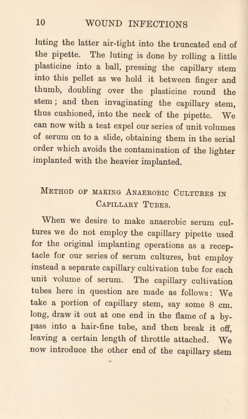 luting the latter air-tight into the truncated end of the pipette. The luting is done by rolling a little plasticine into a ball, pressing the capillary stem into this pellet as we hold it between finger and thumb, doubling over the plasticine round the stem; and then invaginating the capillary stem, thus cushioned, into the neck of the pipette. We can now with a teat expel our series of unit volumes of serum on to a slide, obtaining them in the serial order which avoids the contamination of the lighter implanted with the heavier implanted. Method op making Anaerobic Cultures in Capillary Tubes. When we desire to make anaerobic serum cul¬ tures we do not employ the capillary pipette used for the original implanting operations as a recep¬ tacle for our series of serum cultures, but employ instead a separate capillary cultivation tube for each unit volume of serum. The capillary cultivation tubes here in question are made as follows: We take a portion of capillary stem, say some 8 cm. long, draw it out at one end in the flame of a by¬ pass into a hair-fine tube, and then break it off, leaving a certain length of throttle attached. We now introduce the other end of the capillary stem