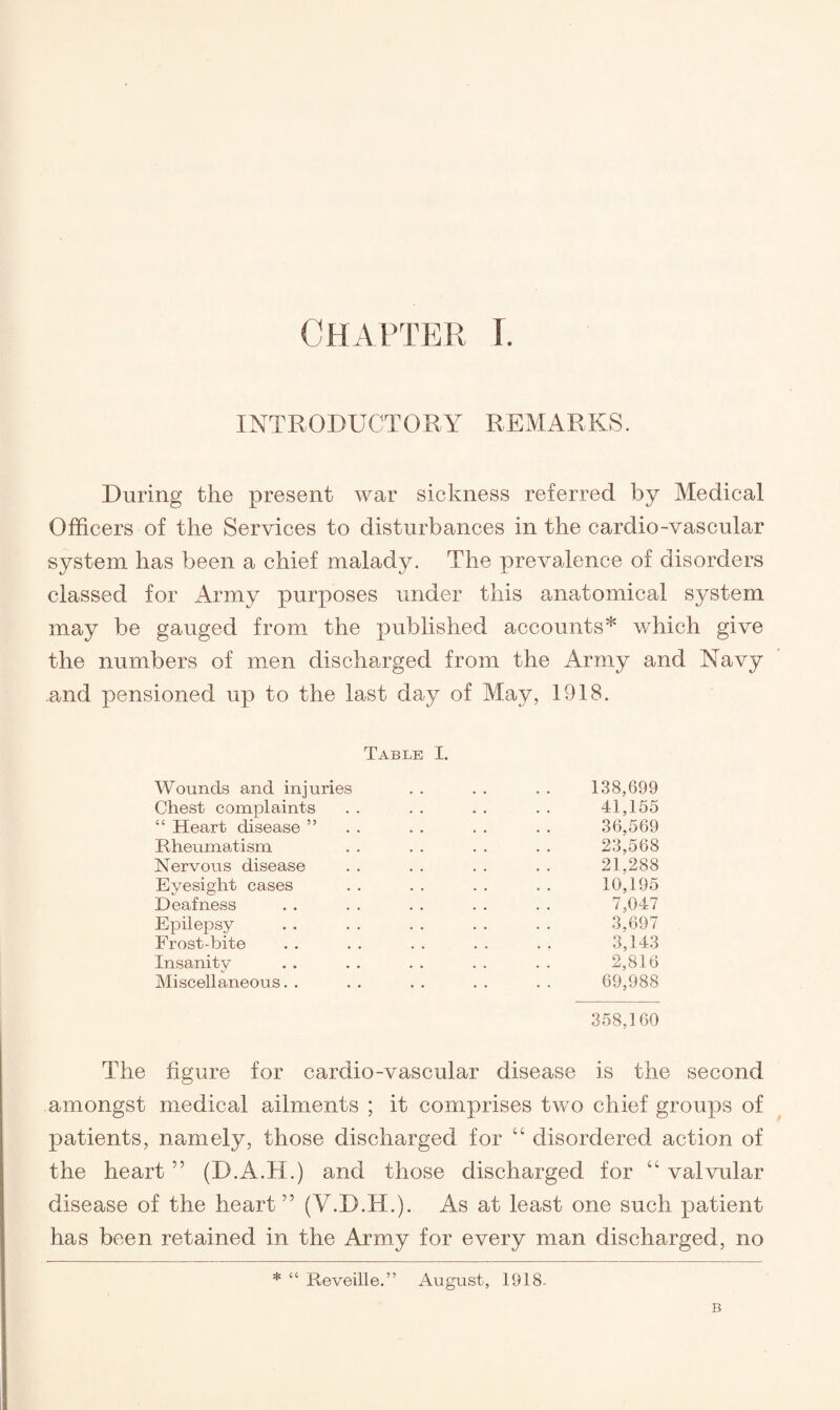 INTRODUCTORY REMARKS. During the present war sickness referred by Medical Officers of the Services to disturbances in the cardio-vascular system has been a chief malady. The prevalence of disorders classed for Army purposes under this anatomical system may be gauged from the published accounts* which give the numbers of men discharged from the Army and Navy and pensioned up to the last day of May, 1918. Table I. Wounds and injuries . . . . . . 138,699 Chest complaints . . . . . . . . 41,155 “ Heart disease ” . . . . . . . . 36,569 Rheumatism . . . . . . . . 23,568 Nervous disease . . . . . . . . 21,288 Eyesight cases . . . . . . . . 10,195 Deafness . . . . . . . . . . 7,047 Epilepsy . . . . . . . . . . 3,697 Frost-bite . . . . . . . . . . 3,143 Insanity . . . . . . . . . . 2,816 Miscellaneous. . . . . . . . . . 69,988 358,160 The figure for cardio-vascular disease is the second amongst medical ailments ; it comprises two chief groups of patients, namely, those discharged for “ disordered action of the heart ” (D.A.H.) and those discharged for “ valvular disease of the heart” (V.D.H.). As at least one such patient has been retained in the Army for every man discharged, no * “ Reveille.” August, 1918. B