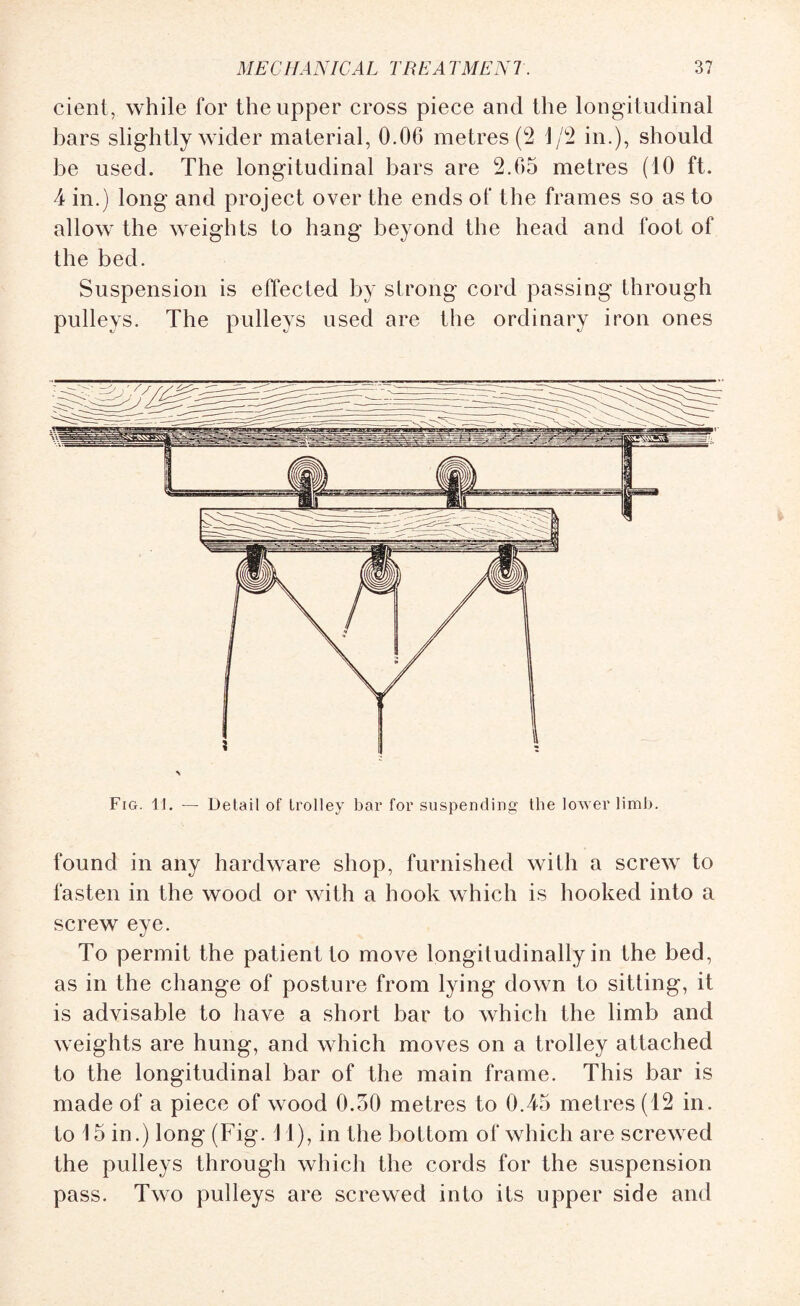 cient, while for the upper cross piece and the longitudinal bars slightly wider material, 0.06 metres (5 1/2 in.), should be used. The longitudinal bars are 2.65 metres (10 ft. 4 in.) long and project over the ends of the frames so as to allow the weights to hang beyond the head and foot of the bed. Suspension is effected by strong cord passing through pulleys. The pulleys used are the ordinary iron ones Fig. 11. — Detail of trolley bar for suspending the lower limb. found in any hardware shop, furnished with a screw to fasten in the wood or with a hook which is hooked into a screw eye. To permit the patient to move longitudinally in the bed, as in the change of posture from lying down to sitting, it is advisable to have a short bar to which the limb and weights are hung, and which moves on a trolley attached to the longitudinal bar of the main frame. This bar is made of a piece of wood 0.50 metres to 0.45 metres (12 in. to 15 in.) long (Fig. 11), in the bottom of which are screwed the pulleys through which the cords for the suspension pass. Two pulleys are screwed into its upper side and