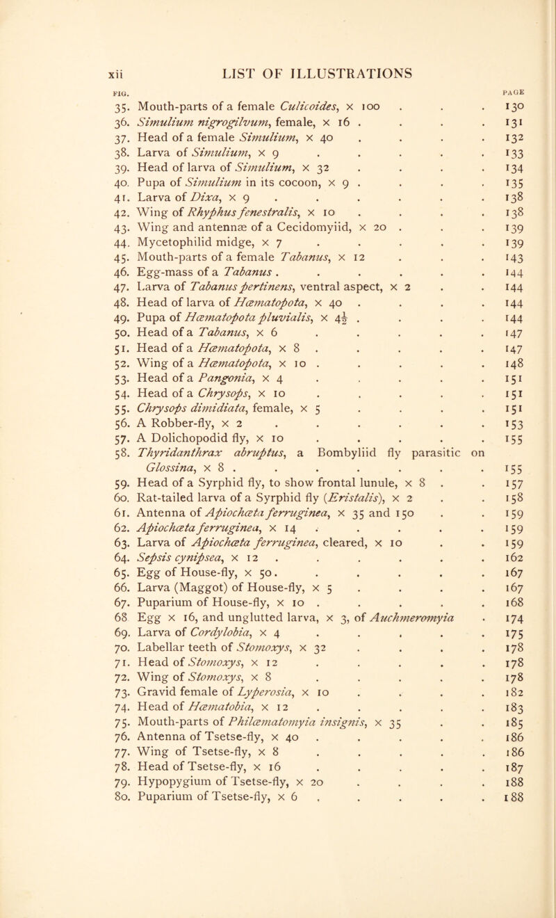 FIG. PAGE 35. Mouth-parts of a female Culicoides, x 100 13° 36. Simulium nigrogilvum, female, x 16 . 131 37. Head of a female Simulium, x 40 132 38. Larva of Simulium, x 9 133 39. Head of larva of Simulium, x 32 134 40. Pupa of Simulium in its cocoon, x 9 . 135 41. Larva of Dixa, x 9 138 42. Wing of Rhyfthus fenestralis, x 10 138 43. Wing and antennae of a Cecidomyiid, x 20 . 139 44. Mycetophilid midge, x 7 139 45. Mouth-parts of a female Tabanus, x 12 143 46. Egg-mass of a Tabanus .... 144 47. Larva of Tabanus perlinens, ventral aspect, x 2 144 48. Head of larva of Hcematopota, x 40 144 49. Pupa of Hcematopota pluvialis, x 4^ . 144 50. Head of a Tabanus, x 6 147 51. Head of a Hcematopota, x 8 147 52. Wing of a Hcematopota, x 10 . 148 53. Head of a Pangonia, x 4 151 54. Head of a Chrysops, x 10 151 55. Chrysops dimidiata, female, x 5 IS* 56. A Robber-fly, x 2 153 57. A Dolichopodid fly, x 10 155 58. Thyridanthrax abruptus, a Bombyliid fly parasitic on Glossina, x 8 . 155 59. Head of a Syrphid fly, to show frontal lunule, x 8 157 60. Rat-tailed larva of a Syrphid fly (Eristalis), x 2 158 61. Antenna of Apiochceta ferruginea, x 35 and 150 159 62. Apiochceta ferruginea, x 14 159 63. Larva of Apiochceta ferruginea, cleared, x 10 159 64. Sepsis cy nip sea, x 12 162 65. Egg of House-fly, x 50. 167 66. Larva (Maggot) of House-fly, x 5 167 67. Puparium of House-fly, x 10 . 168 68 Egg x 16, and unglutted larva, x 3, of Auchmeromyia 174 69. Larva of Cordylobia, x 4 175 70. Labellar teeth of Stomoxys, x 32 178 71. Head of Stomoxys, x 12 178 72. Wing of Stomoxys, x 8 178 73. Gravid female of Lyperosia, x 10 182 74. Head of Hcematobia, x 12 183 75. Mouth-parts of Philcematomyia insignis, x 35 185 76. Antenna of Tsetse-fly, x 40 186 77. Wing of Tsetse-fly, x 8 186 78. Head of Tsetse-fly, x 16 187 79. Hypopygium of Tsetse-fly, x 20 188 80. Puparium of Tsetse-fly, x 6 188