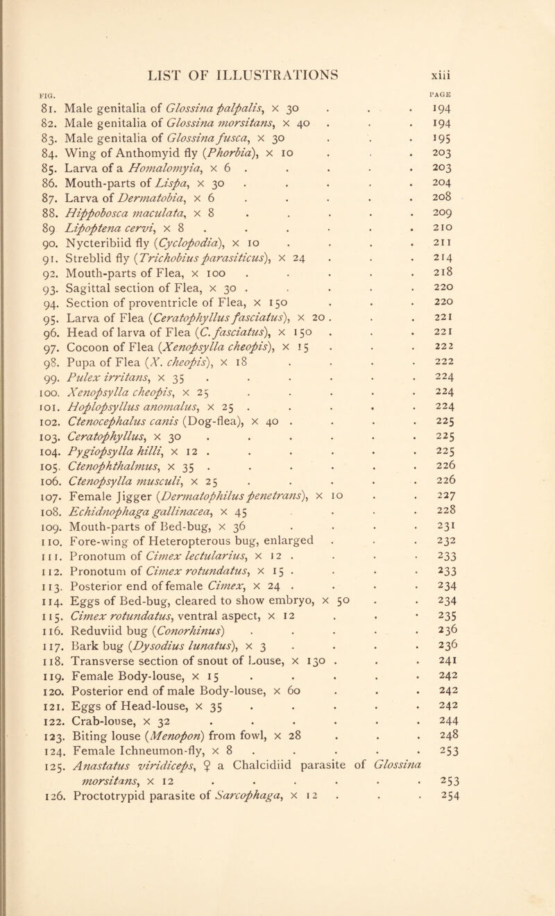 FIG. PAGE 81. Male genitalia of Glossina palpalis, x 30 . . .194 82. Male genitalia of Glossina morsitans, x 40 . .194 83. Male genitalia of Glossina fusca, x 30 . . • J95 84. Wing of Anthomyid fly (Phorbia), x 10 . . . 203 85. Larva of a Homalotnyia, x 6 . . . .203 86. Mouth-parts of Lispa, x 30 . . . . 204 87. Larva of Dermatobia, x 6 . . . . 208 88. Hippobosca maculata, x 8 . . . . 209 89 Lipoptena cervi, x 8 . . • . .210 90. Nycteribiid fly (Cyclopodia), x 10 . . . .211 91. Streblid fly {Triehobiusparasiticus), x 24 . . .214 92. Mouth-parts of Flea, x 100 . . . .218 93. Sagittal section of Flea, x 30 . . . . . 220 94. Section of proventricle of Flea, x 150 . . . 220 95. Larva of Flea {Ceratophyllus fasciatus), x 20 . . . 221 96. Head of larva of Flea {C.fasciatus)^ x 150 . . 221 97. Cocoon of Flea {Xenopsylla cheopis), x 15 . . . 222 98. Pupa of Flea (A. cheopis), x 18 . . • • 222 99. Pulex irritans, x 35 . . . • . 224 100. Xenopsylla cheopis, x 25 . . . . .224 101. Hoplopsyllus anomalies, x 25 . . . . . 224 102. Ctenocephalus canis (Dog-flea), x 40 . . . . 225 103. Ceratophyllus, x 30 . . . . .225 104. Pygiopsylla hilli, x 12 . . . . . .225 105. Ctenophthalmus, x 35 . . . . . .226 106. Ctenopsylla musculi, x 25 . . . . . 226 107. Female Jigger {Dermatophiluspenetrans), x 10 . . 227 108. Echidnophaga gallinacea, x 45 . • • • 228 109. Mouth-parts of Bed-bug, x 36 . . . • 231 no. Fore-wing of Heteropterous bug, enlarged . . . 232 in. Pronotum of Cimex lectularius, x 12 . . . . 233 112. Pronotum of Cimex rotundatus, x 15 . . . . 233 113. Posterior end of female Cimex, x 24 . . . . 234 114. Eggs of Bed-bug, cleared to show embryo, x 50 . 234 115. Cimex rotundatus, ventral aspect, x 12 . . • 235 116. Reduviid bug (Conorhinus) ..... 236 117. Bark bug {Dysodius lunatus), x 3 . . . 236 118. Transverse section of snout of Louse, x 130 . . . 241 119. Female Body-louse, x 15 . . . . • 242 120. Posterior end of male Body-louse, x 60 . . . 242 121. Eggs of Head-louse, x 35 . . . . 242 122. Crab-louse, x 32 . . . . . . 244 123. Biting louse (Menopon) from fowl, x 28 . . . 248 124. Female Ichneumon-fly, x 8 . . . . 253 125. Anastatus viridiceps, 9 a Chalcidiid parasite of Glossina morsitans, x 12 . . . . . 253 126. Proctotrypid parasite of Sarcophaga, x 12 . . 254