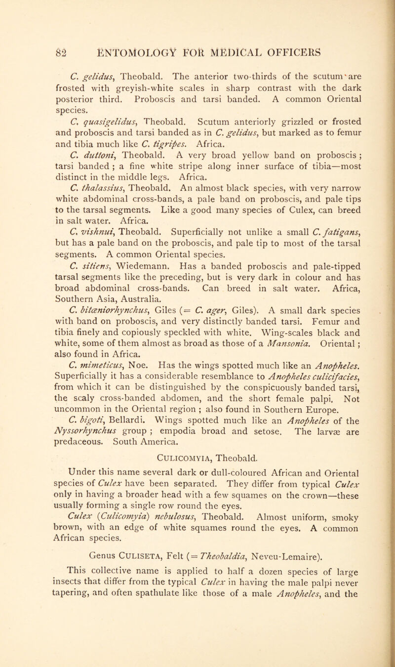 C. gelidus, Theobald. The anterior two-thirds of the scutum'are frosted with greyish-white scales in sharp contrast with the dark posterior third. Proboscis and tarsi banded. A common Oriental species. C. quasigelidus, Theobald. Scutum anteriorly grizzled or frosted and proboscis and tarsi banded as in C. gelidus, but marked as to femur and tibia much like C. tigriftes. Africa. C. duttoni, Theobald. A very broad yellow band on proboscis ; tarsi banded ; a fine white stripe along inner surface of tibia—most distinct in the middle legs. Africa. C. t)talassius, Theobald. An almost black species, with very narrow white abdominal cross-bands, a pale band on proboscis, and pale tips to the tarsal segments. Like a good many species of Culex, can breed in salt water. Africa. C. vishnui, Theobald. Superficially not unlike a small C. fatigans, but has a pale band on the proboscis, and pale tip to most of the tarsal segments. A common Oriental species. C. sitiens, Wiedemann. Has a banded proboscis and pale-tipped tarsal segments like the preceding, but is very dark in colour and has broad abdominal cross-bands. Can breed in salt water. Africa, Southern Asia, Australia. C. bitceniorhynchus, Giles ( = C. ager, Giles). A small dark species with band on proboscis, and very distinctly banded tarsi. Femur and tibia finely and copiously speckled with white. Wing-scales black and white, some of them almost as broad as those of a Mansonia. Oriental ; also found in Africa. C. mimeticus, Noe. Has the wings spotted much like an A7iopheles. Superficially it has a considerable resemblance to Anopheles culicifacies, from which it can be distinguished by the conspicuously banded tarsi, the scaly cross-banded abdomen, and the short female palpi. Not uncommon in the Oriental region ; also found in Southern Europe. C. bigoti, Bellardi. Wings spotted much like an Anopheles of the Nyssorhynchus group ; empodia broad and setose. The larvae are predaceous. South America. Culicomyia, Theobald. Under this name several dark or dull-coloured African and Oriental species of Culex have been separated. They differ from typical Culex only in having a broader head with a few squames on the crown—these usually forming a single row round the eyes. Culex (Culicomyia) nebulosus, Theobald. Almost uniform, smoky brown, with an edge of white squames round the eyes. A common African species. Genus CULISETA, Felt (= Theobaldia, Neveu-Lemaire). This collective name is applied to half a dozen species of large insects that differ from the typical Culex in having the male palpi never tapering, and often spathulate like those of a male Anopheles, and the