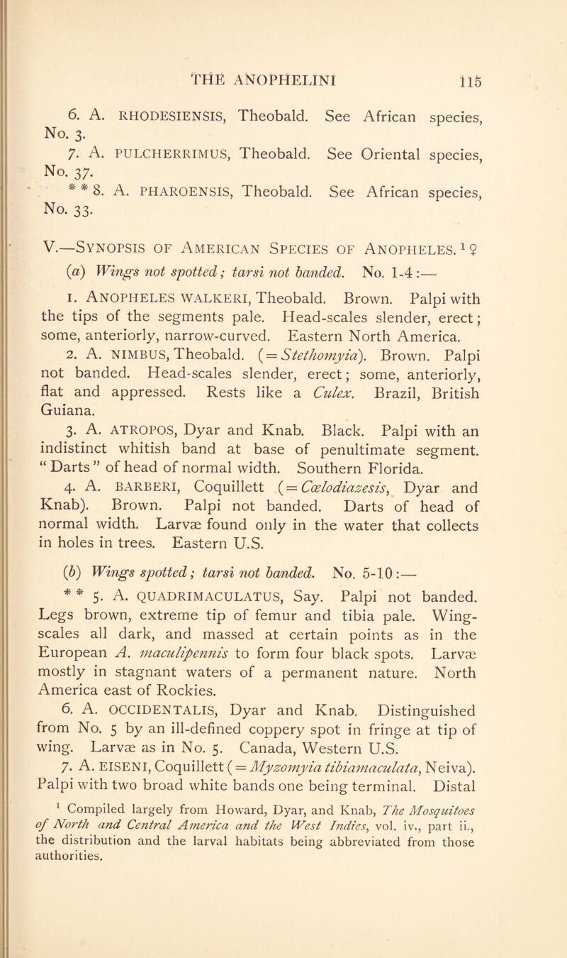 6. A. RHODESIENSIS, Theobald. See African species, No. 3. 7. A. PULCHERRIMUS, Theobald. See Oriental species, No. 37. * * 8. A. PHAROENSIS, Theobald. See African species, No. 33. V.—Synopsis of American Species of Anopheles.1? (a) Wings not spotted; tarsi not banded. No. 1-4:— 1. Anopheles walkeri, Theobald. Brown. Palpi with the tips of the segments pale. Head-scales slender, erect; some, anteriorly, narrow-curved. Eastern North America. 2. A. NIMBUS, Theobald. (= Stethomyid). Brown. Palpi not banded. Head-scales slender, erect; some, anteriorly, flat and appressed. Rests like a Culex. Brazil, British Guiana. 3. A. ATROPOS, Dyar and Knab. Black. Palpi with an indistinct whitish band at base of penultimate segment. “ Darts ” of head of normal width. Southern Florida. 4. A. BARBERI, Coquillett (= Coelodiazesis, Dyar and Knab). Brown. Palpi not banded. Darts of head of normal width. Larvae found only in the water that collects in holes in trees. Eastern U.S. (5) Wings spotted; tarsi not banded. No. 5-10:— * * 5- A. QUADRIMACULATUS, Say. Palpi not banded. Legs brown, extreme tip of femur and tibia pale. Wing- scales all dark, and massed at certain points as in the European A. maculipennis to form four black spots. Larvae mostly in stagnant waters of a permanent nature. North America east of Rockies. 6. A. OCCIDENTALIS, Dyar and Knab. Distinguished from No. 5 by an ill-defined coppery spot in fringe at tip of wing. Larvae as in No. 5. Canada, Western U.S. 7. A. EISENI, Coquillett (= Myzomyia tibiamaculata, Neiva). Palpi with two broad white bands one being terminal. Distal 1 Compiled largely from Howard, Dyar, and Knab, The Mosquitoes of North and Central America a?id the West Indies, vol. iv., part ii., the distribution and the larval habitats being abbreviated from those authorities.